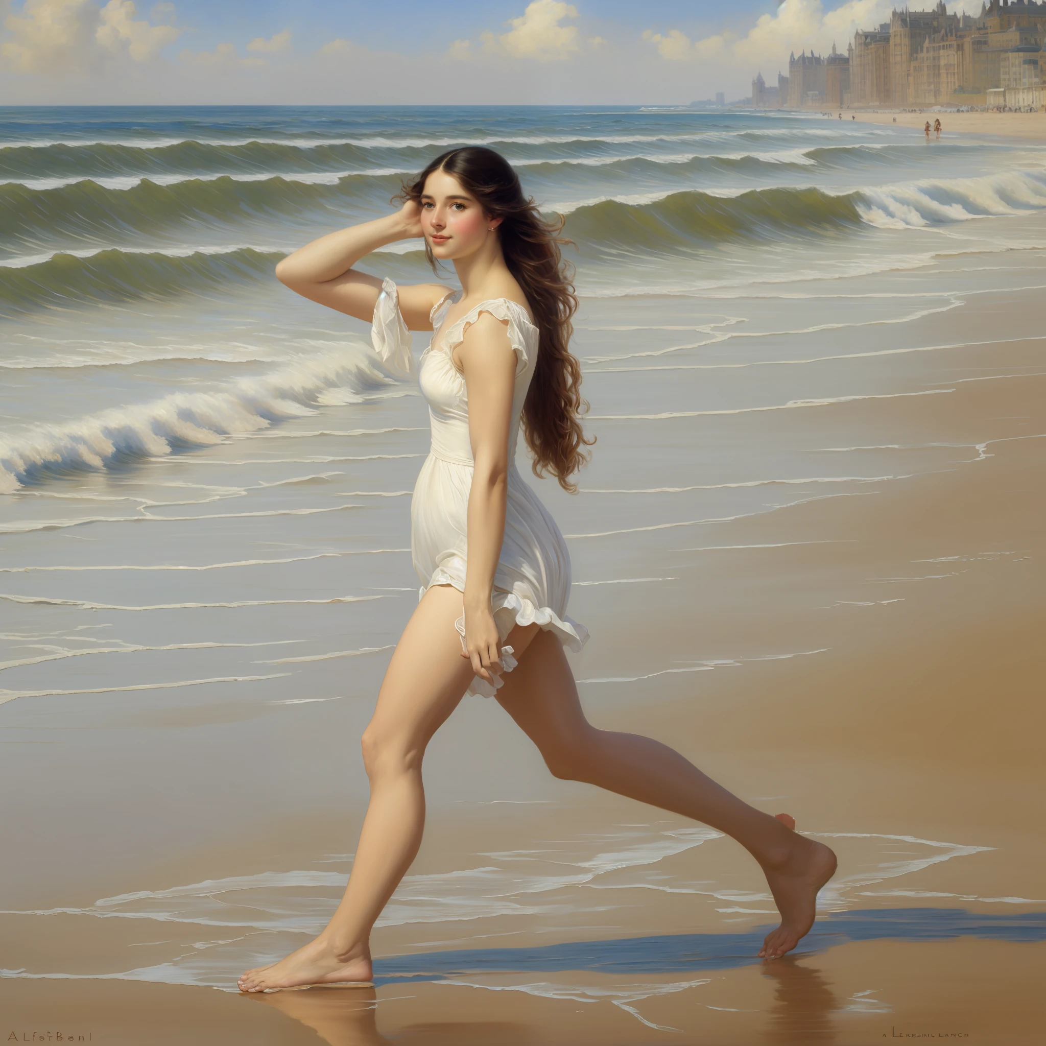 A painting by Albert Lynch, Ruan Jia, Gaston Bussiere, Alexandre Cabanel, Daniel F. Gerhartz, Jules Bastien-Lepage, Pierre Auguste Cot, Sophie Anderson, Jeremy Lipking, Thomas Lawrence, Bouguereau, Carle Van Loo, Jules Joseph Lefebvre (((Running on the beach)))), Roberto Ferri, 'aesthetically pleasing', exquisite, polished, refined, sophisticated, tasteful, harmonious, well-proportioned, well-formed, well-arranged, smooth, proportional --auto --s2