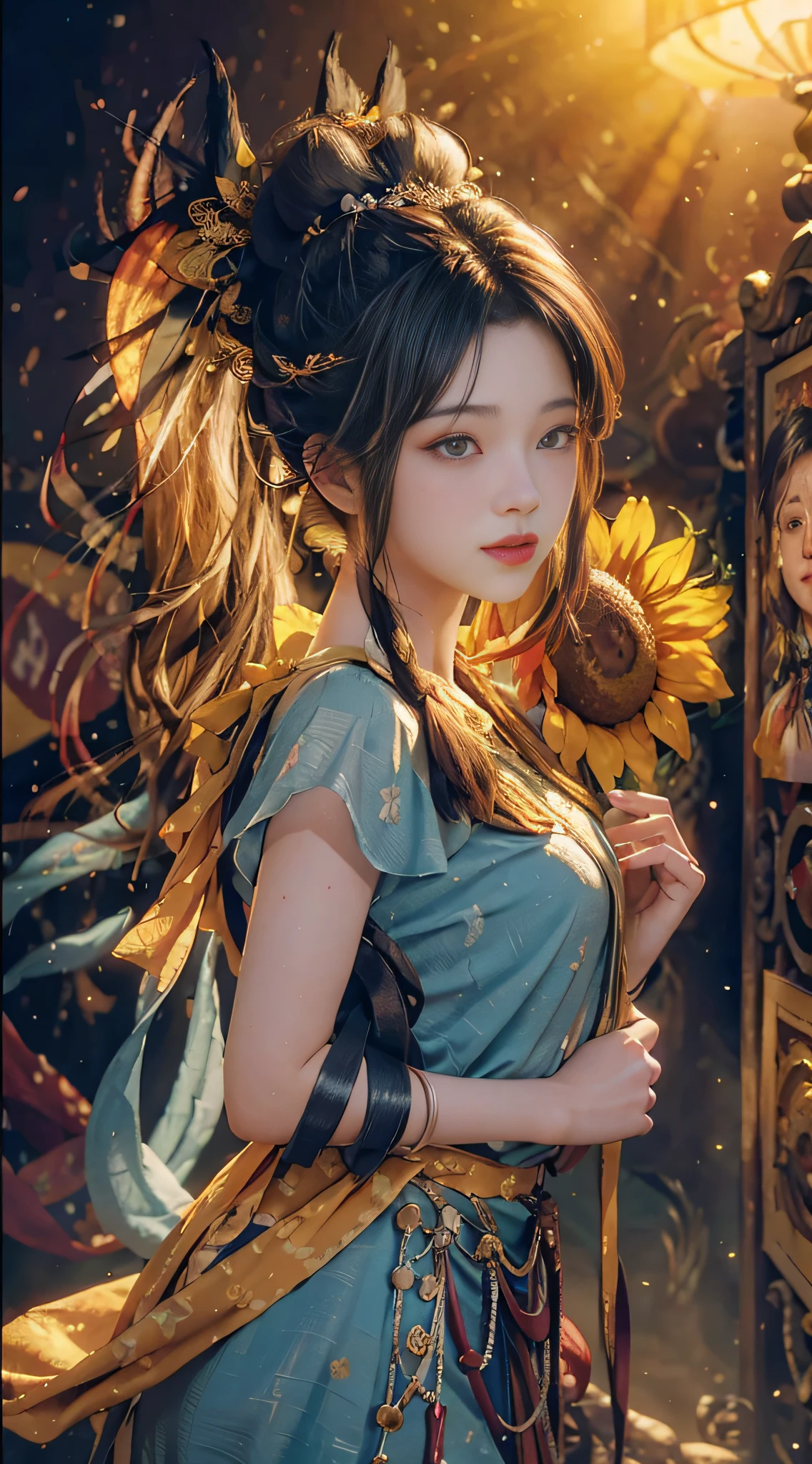 (RAW Photo, Best Quality), (Realistic, Photorealistic Real: 1.3), Best Quality, Highly Detailed, Masterpiece, Ultra Detailed, Illustration, 1 Girl, upper_body, Dynamic Angle, World Mastery Theater, messy_long_hair, Best Quality, Extremely Detailed CG Uniform 8k Wallpaper, Ink, Amazing, Movie Lights, Smiling, Sun Hat, Black Hair, Colorful Double Ponytail, Standing Next to Sunflower