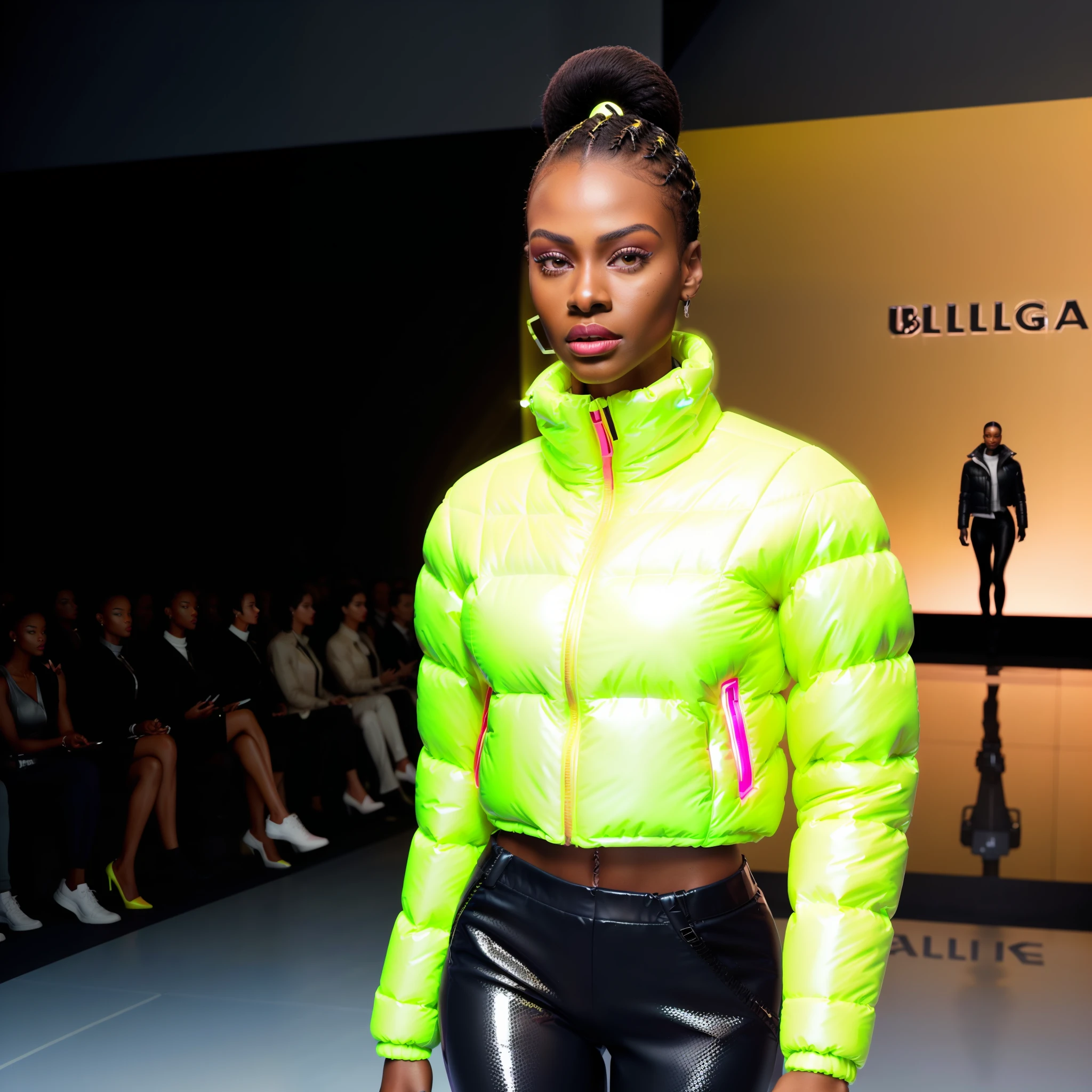 ((( an ultra realistic woman, posing elegant, confident on the runway))) with perfect Kenyan African facial features, ultra realistic skin, skin pores, short afro hair, braided, ultra detailed in hd, with confident expression, wearing (((Balenciaga puffer style jacket oversized:1.5 ultra definition red))) pants, turtleneck shirt , (((yellow jacket:1.5, vivid color, neon, reflective))), posing at the end of the runway in , (bring high fashion show atmosphere, perfect audience, ultra realistic) view from different angles, high fashion show, best quality, top quality, image masterpiece, high resolution photography.