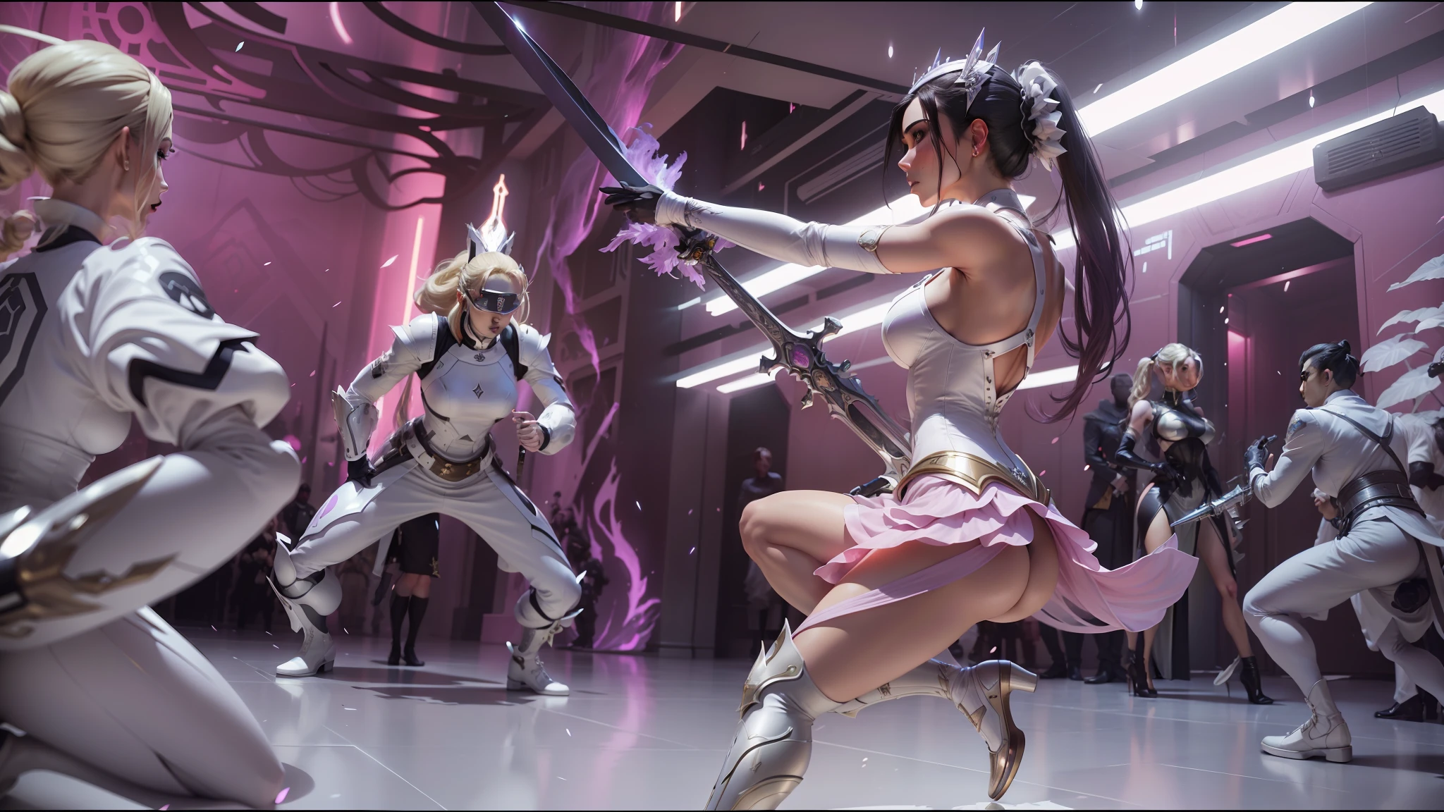 araffes in a futuristic setting with a sword and a woman in a dress, film still of kim kardashian, white gold color palette, tokio futuristic in background, wearing a pink ballroom gown, tekken, björk, gemma chan, janice sung, blonde female jedi, gloss, lilac --ar 16:9 --auto --s2