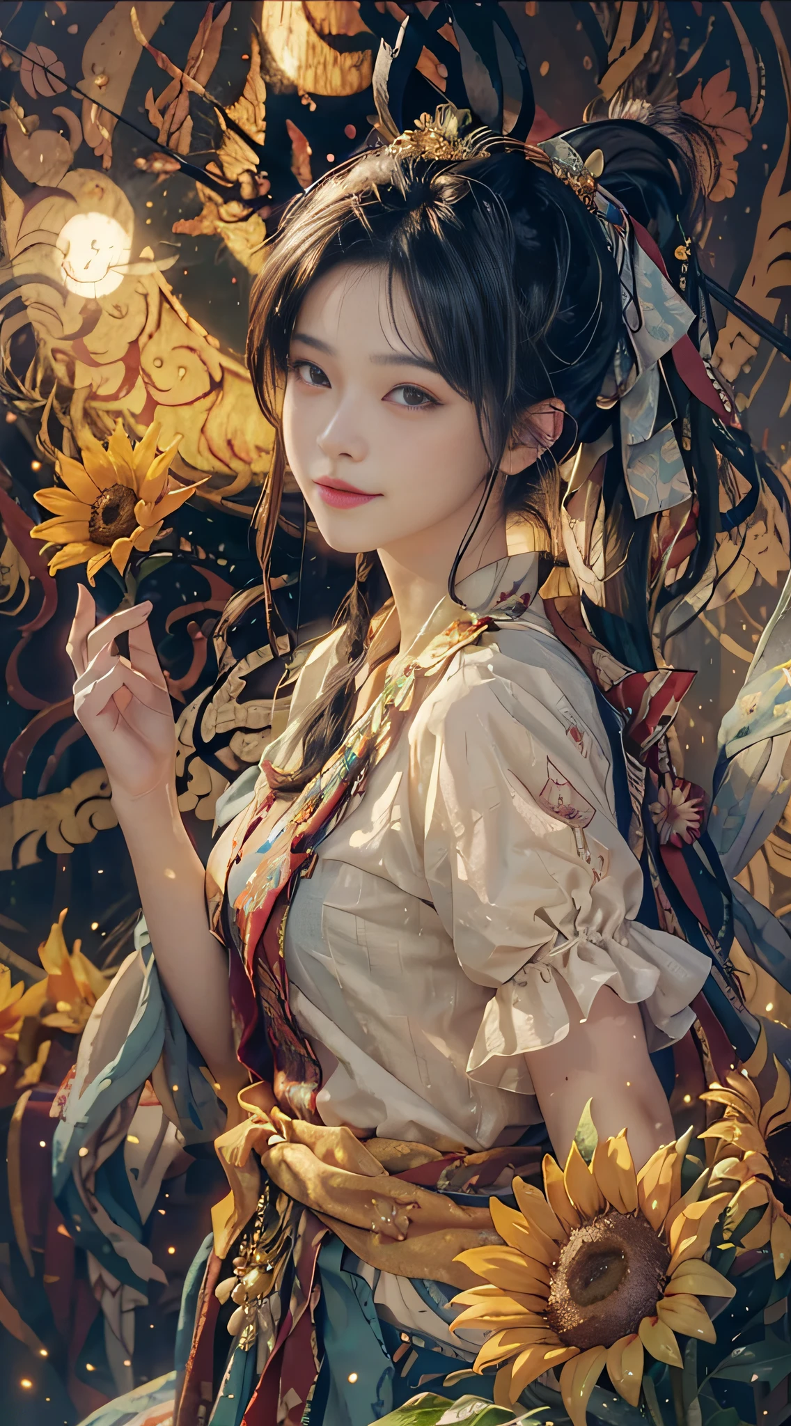 (RAW Photo, Best Quality), (Realistic, Photorealistic Real: 1.3), Best Quality, Highly Detailed, Masterpiece, Ultra Detailed, Illustration, 1 Girl, upper_body, Dynamic Angle, World Mastery Theater, messy_long_hair, Best Quality, Extremely Detailed CG Uniform 8k Wallpaper, Ink, Amazing, Movie Lights, Smiling, Sun Hat, Black Hair, Colorful Double Ponytail, Standing Next to Sunflower