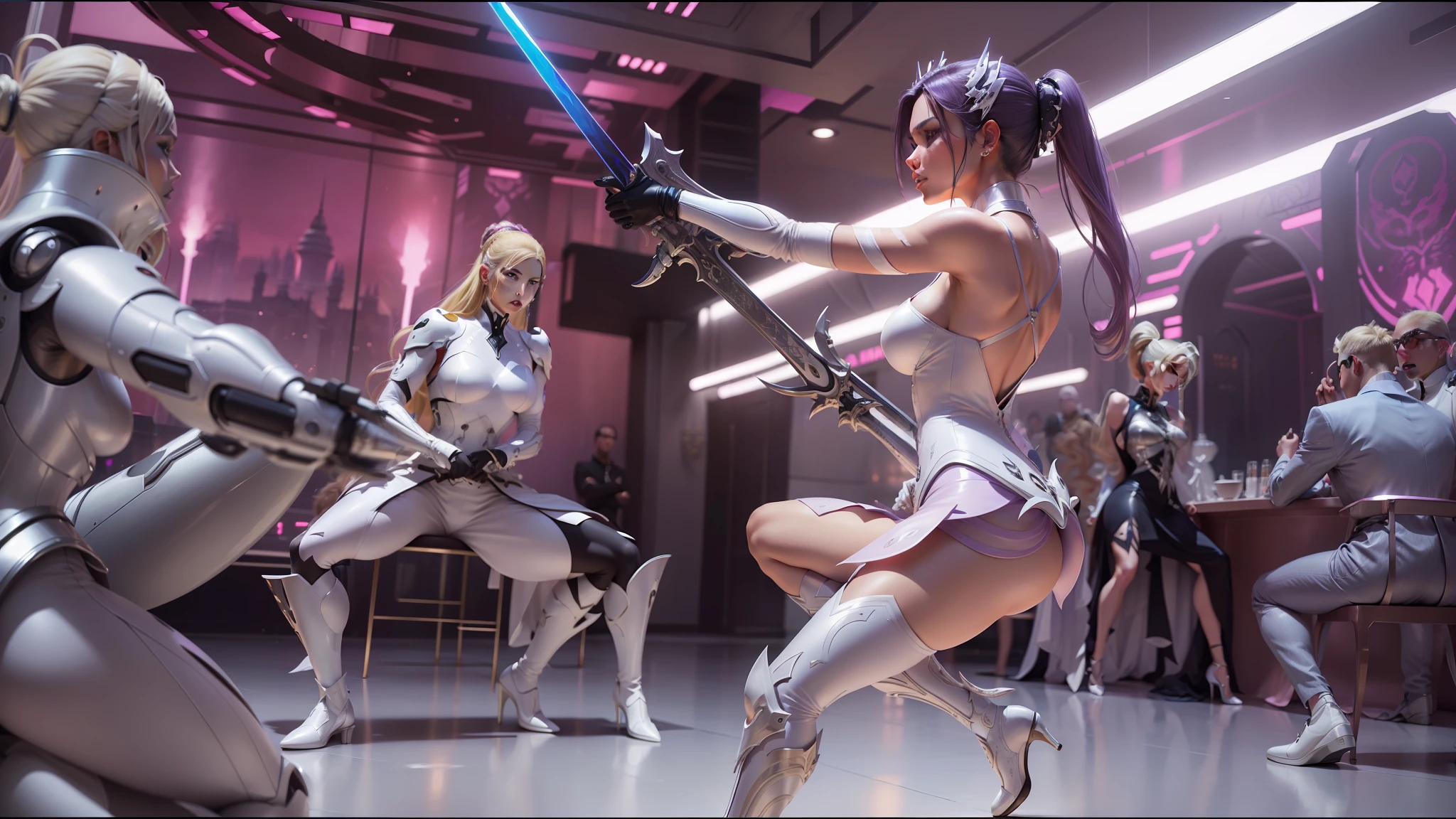 araffes in a futuristic setting with a sword and a woman in a dress, film still of kim kardashian, white gold color palette, tokio futuristic in background, wearing a pink ballroom gown, tekken, björk, gemma chan, janice sung, blonde female jedi, gloss, lilac --ar 16:9 --auto --s2