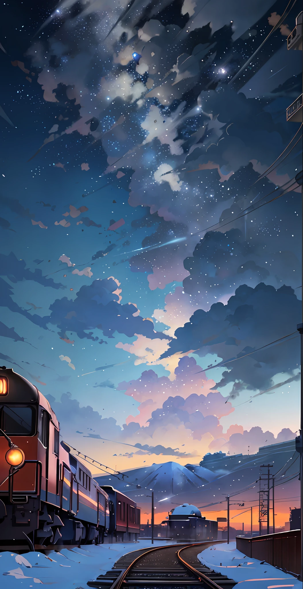 There is a train running along the tracks in the snow, Makoto Shinkai&#39;s concept art, tumblr, magic realism, beautiful anime scenes, cosmic sky. by makoto shinkai, ( ( makoto shinkai ) ), anime background art, anime backgrounds, Makoto Shinkai&#39;s style, anime movie backgrounds, galaxy express, no humans.