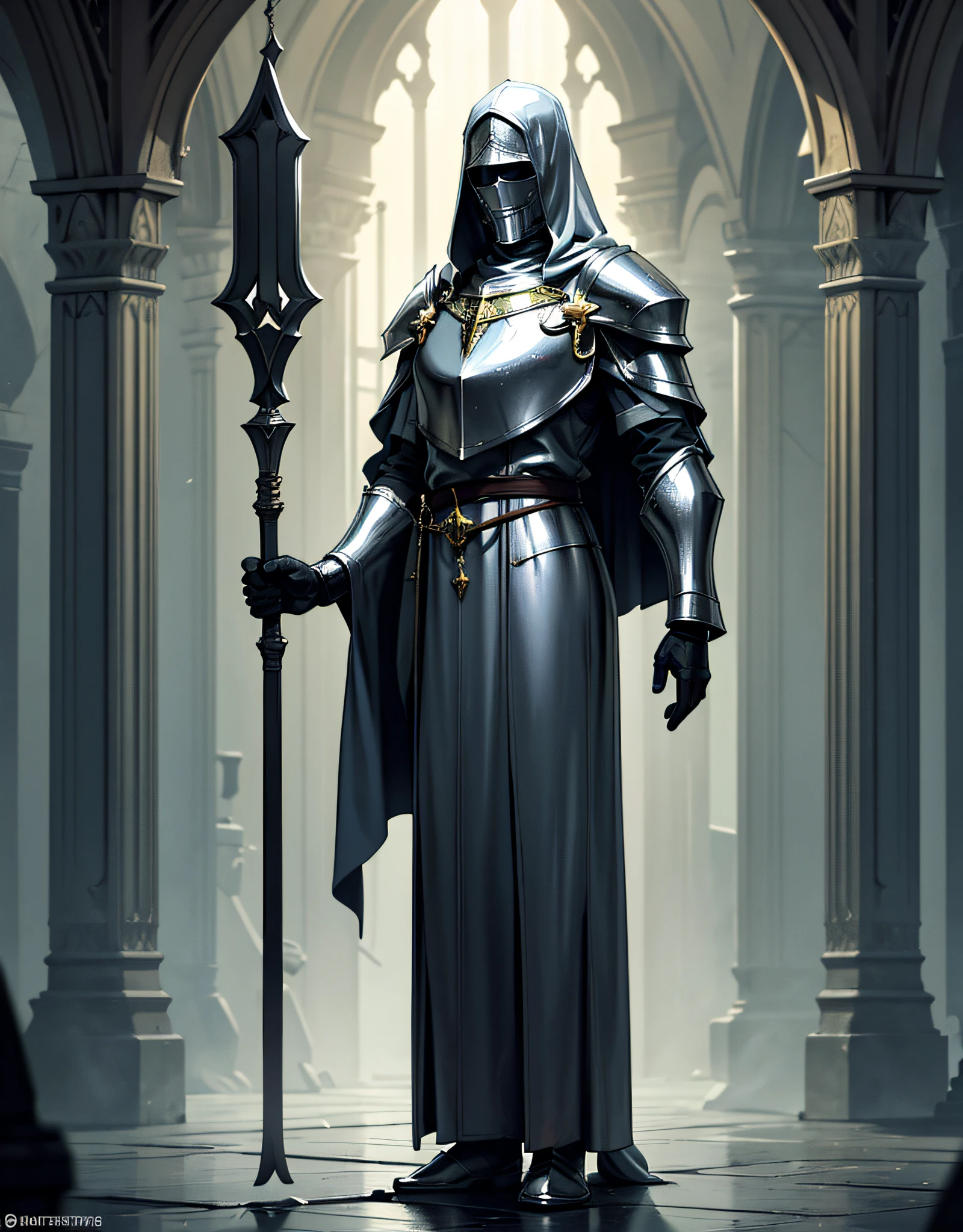 The last cleric/paladin of the religion of the holy lettuce, thin, tall, full body, old, blind, atmospheric perspective, 8k, super detail, ccurate, best quality