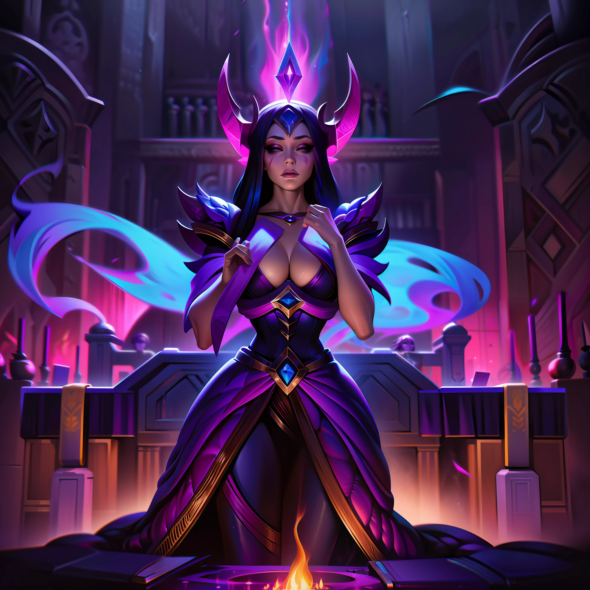 woman + purple fire + ritual + altar + thoughtful splashart, splashart, league of legends splashart, art, brushstroke, masterpiece, 8k, ultra detailed, HD