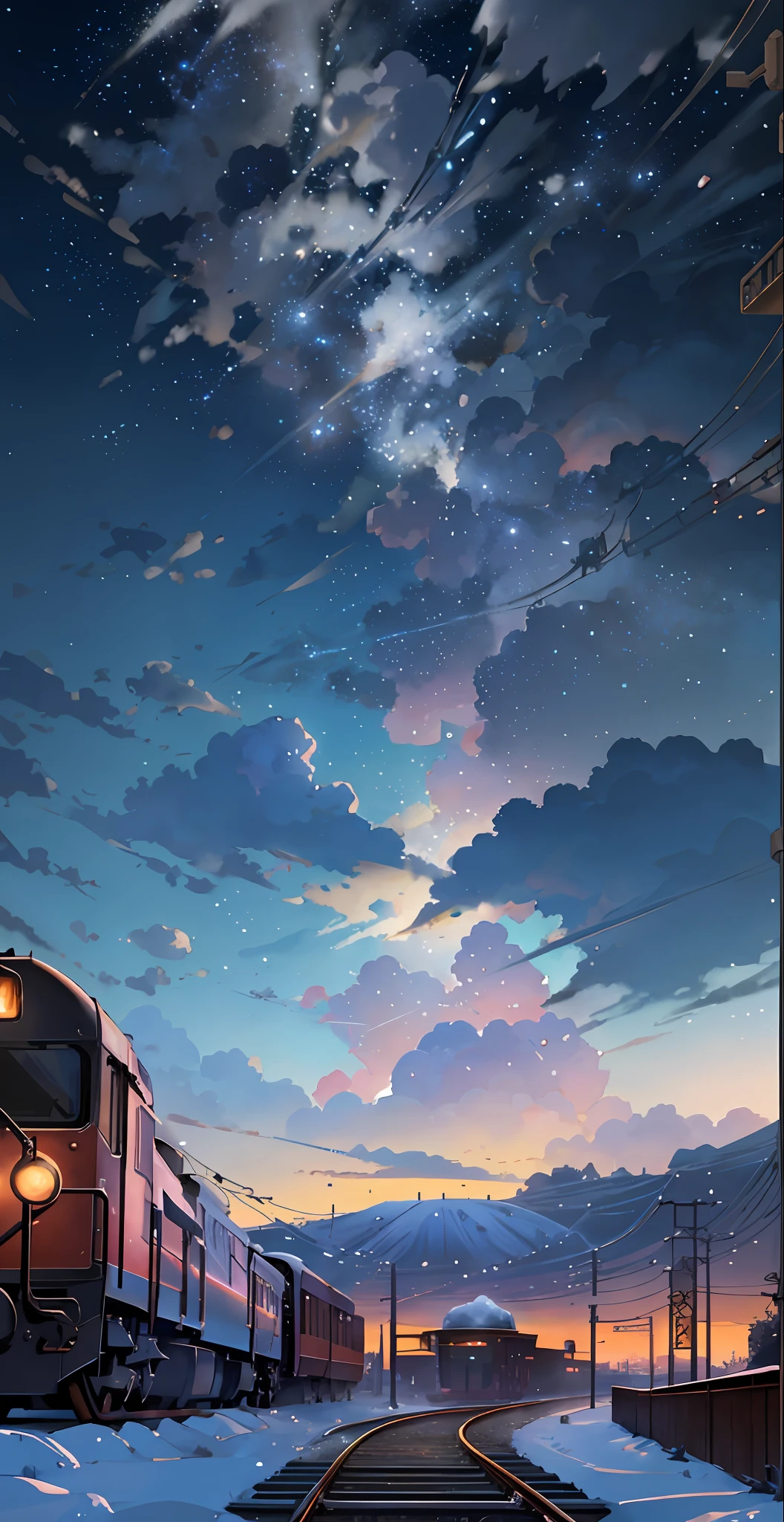 There is a train running along the tracks in the snow, Makoto Shinkai's concept art, tumblr, magic realism, beautiful anime scenes, cosmic sky. by makoto shinkai, ( ( makoto shinkai ) ), anime background art, anime backgrounds, Makoto Shinkai's style, anime movie backgrounds, galaxy express, no humans.
