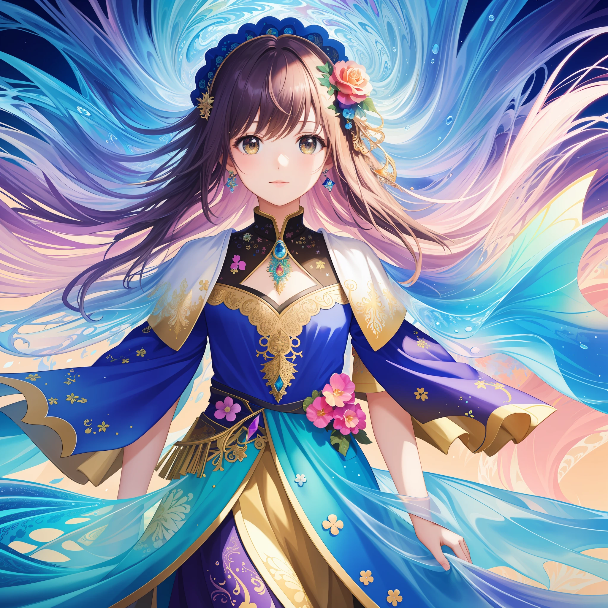 masterpiece, top quality, best quality, official art, beautiful and aesthetic, 1girl, extremely detailed, floating colorful water, (fractal art:1.3)
