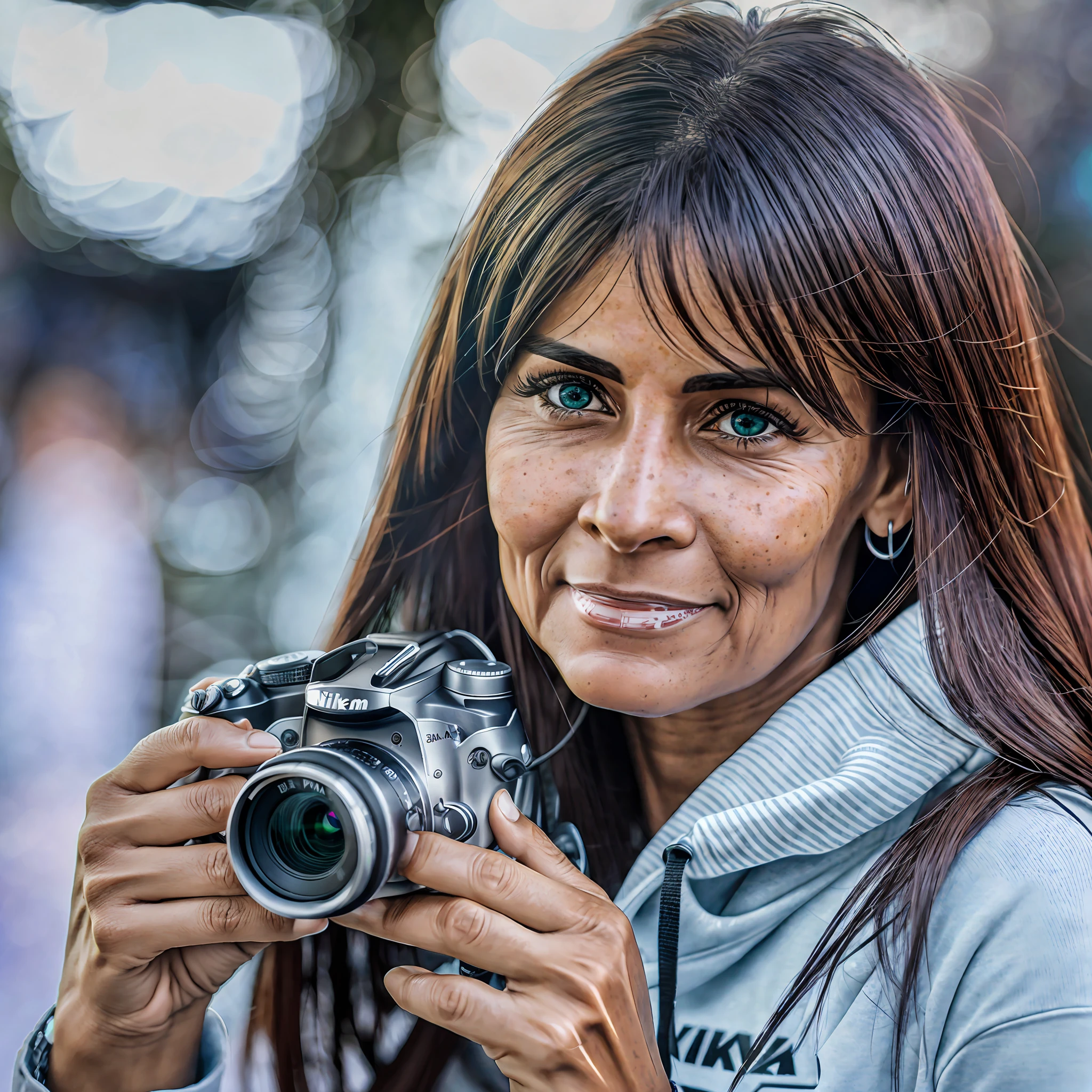 Ultra realistic Brazilian woman, 40 years old, wearing sweatshirt with many details, black eyes, realistic freckles, holding a Nikon machine, real person. --auto --s2