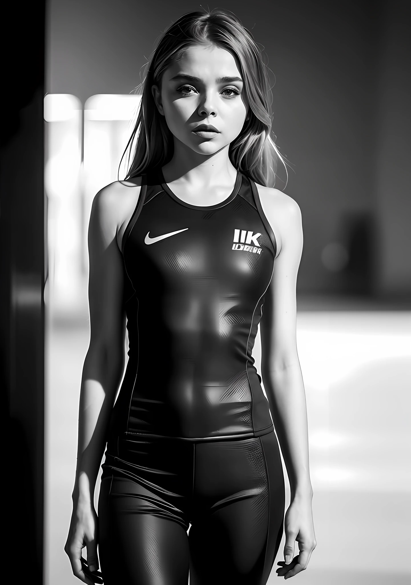 Grace moretz, in track suit, off the track field, ((thin, small)), photorealistic, photo, masterpiece, realistic, realism, photorealism, high contrast, photorealistic digital art trend in Artstation 8k HD high definition detailed realistic, detailed, skin texture, hyper detailed, realistic skin texture, armor, best quality, ultra high resolution, (photorealistic: 1.4), high resolution, detailed, raw photo,  Sharp Re, by lee jeffries Nikon D850 film stock photography 4 kodak camera portra 400 lens f1.6 rich colors hyper realistic texture dramatic lighting unrealengine trending on artstation cinestill 800,