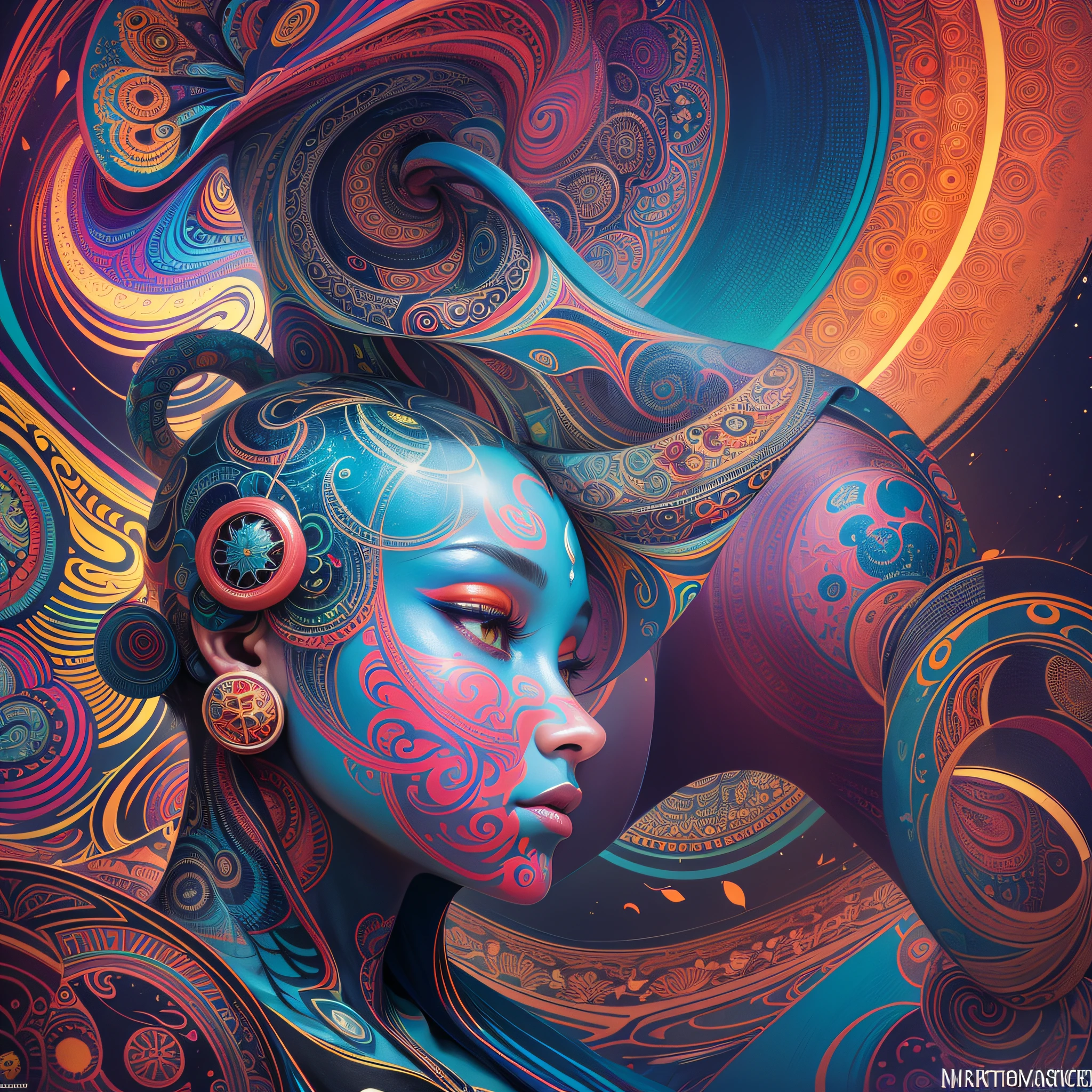 (Best quality, Masterpiece :1.3)), beautiful woman: 1.3, beautiful face, showing ass, full-body side woman, saturated colors, psychedelic image, LSD, mandala, fractral, costume, tattoo, painted body, body tilted forward, art similar to Alex Grey's art, lots of color saturation, woman, vortex, very large and colored hair, white skin, lots of resolution, lots of definition, details at most,  no blur, no blur, lots of hire, sunglasses --auto --s2
