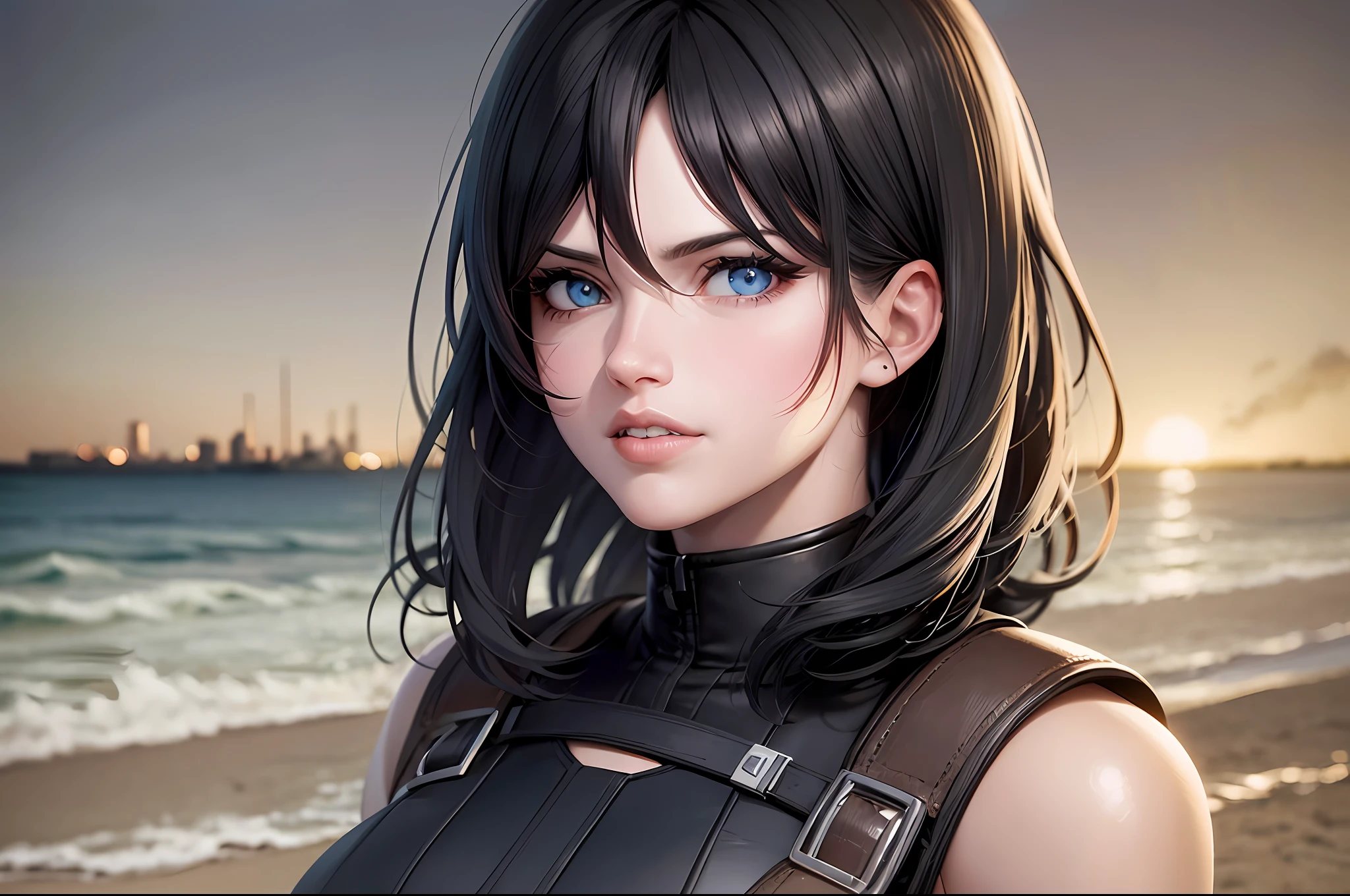 Comic animation of a woman black hair blue eyes in a city by the beach, resident evil style, 8k, uhd, severe low lighting, high quality, sharp focus, fujifilm XT3, greg rutkowski, animation style --auto --s2
