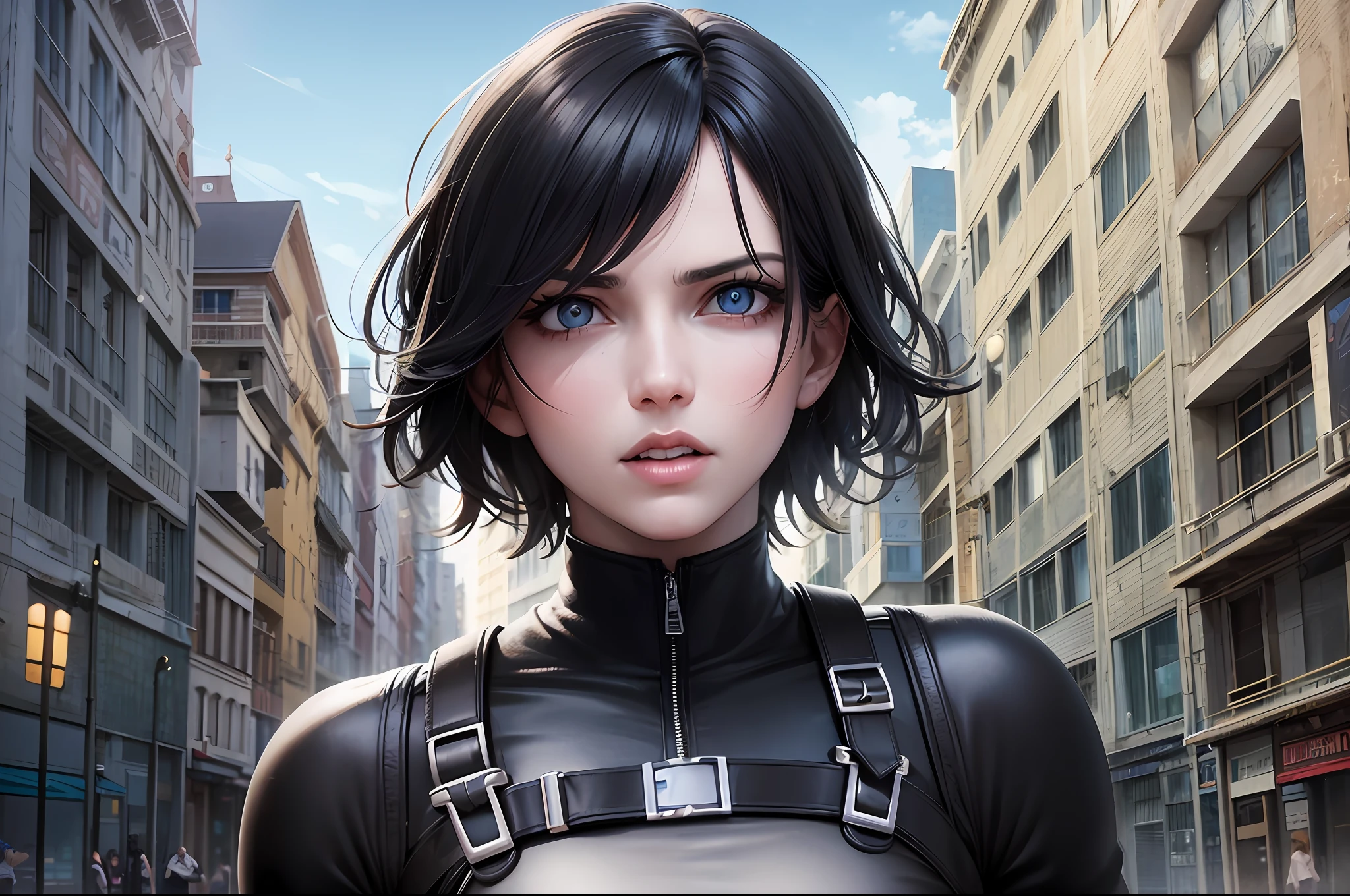 Comic animation of a woman black hair blue eyes in a city by the beach, resident evil style, 8k, uhd, severe low lighting, high quality, sharp focus, fujifilm XT3, greg rutkowski, animation style --auto --s2