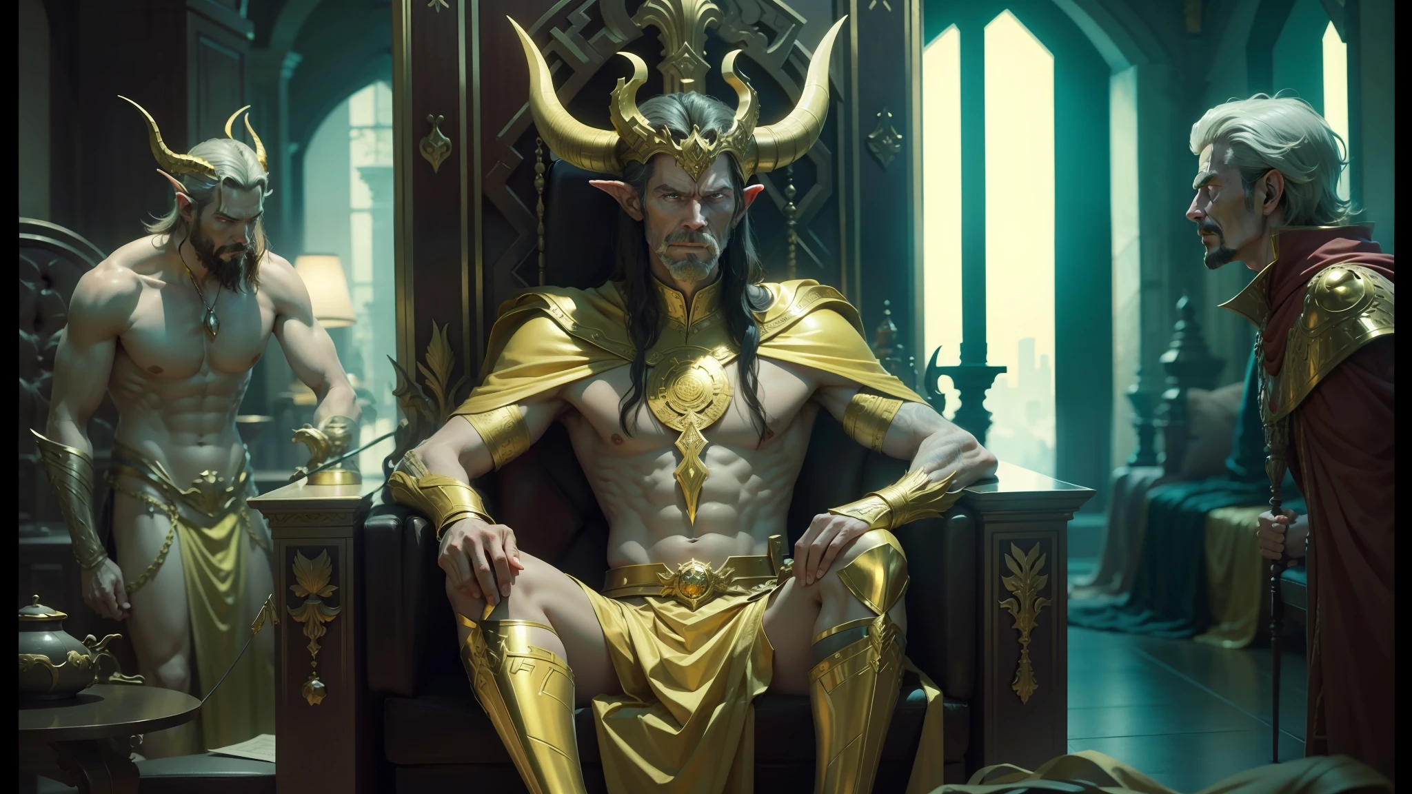 arafed male in a golden costume sitting on a throne, screenshot from morbius (2022), william dafoe, by Þórarinn B. Þorláksson, cloven feet and horns, style of maciej kuciara, elven male, chest legs, pierce brosnan, is tall, elaborate costume --auto --s2