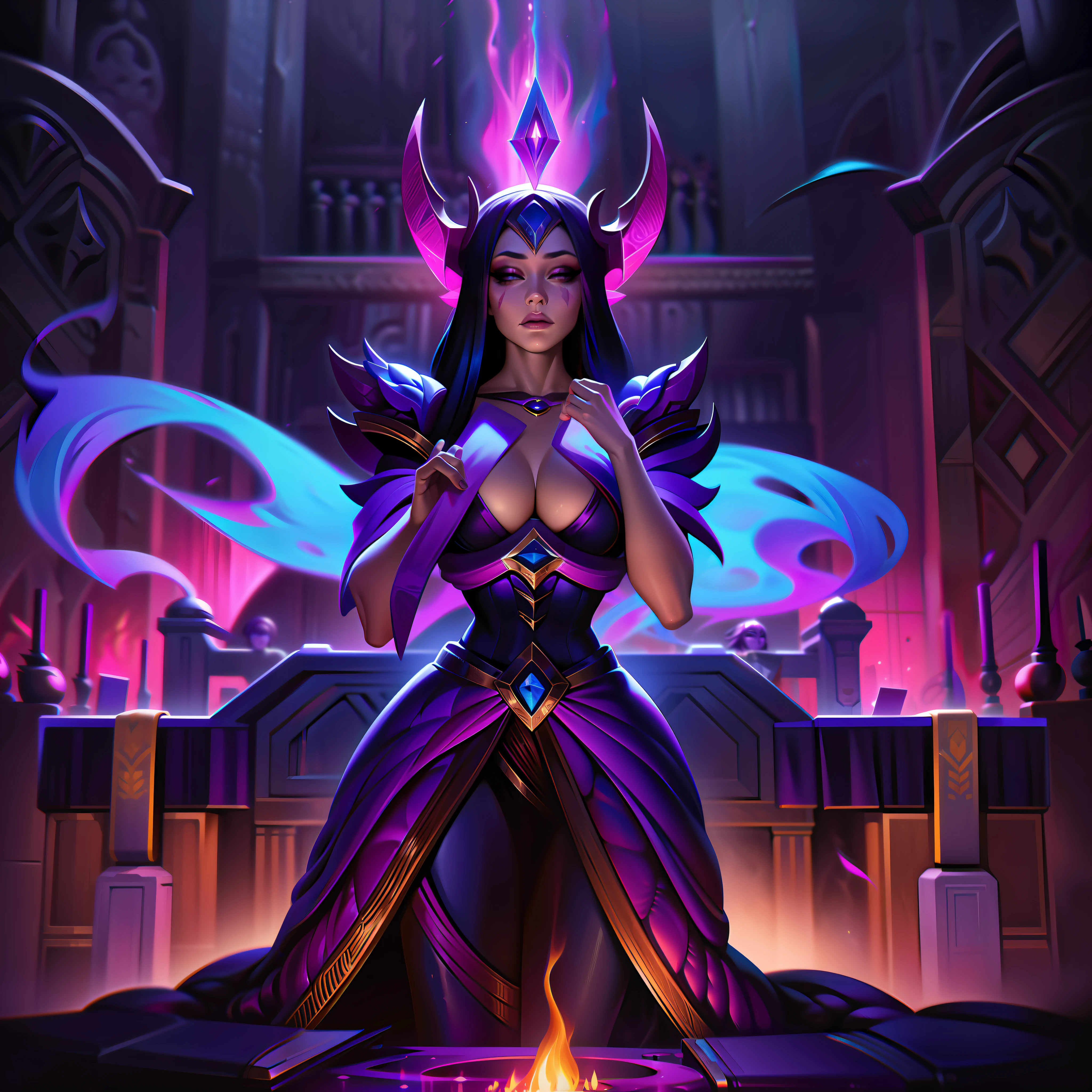 woman + purple fire + ritual + altar + thoughtful splashart, splashart, league of legends splashart, art, brushstroke, masterpiece, 8k, ultra detailed, HD