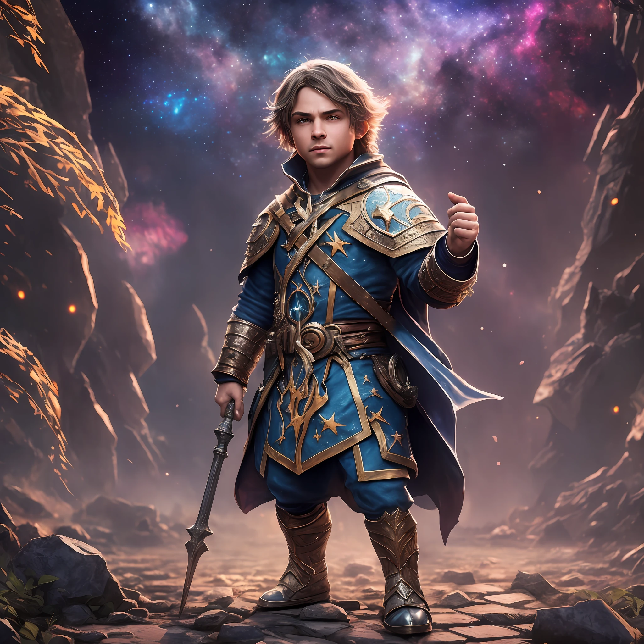 Highly detailed RAW color Photo, beautiful halfling wizard MALE, wizard cloth, no amor, full body shot, dynamic pose, (detailed skin), (detailed lips), (detailed eyes), (cosmic:1.4), (necropolis:1.1), (Fantasy setting) (detailed face), detailed eyes, chromatic aberration, depth of field, soft lighting, masterpiece, best quality, intricate, (lens flare:0.7), (bloom:0.7), particle effects, raytracing, tone mapped, highly detailed, concept art, smooth, sharp focus, dramatic lighting, highly detailed artwork, cinematic, hyper realistic painting, trending on Artstation, 8K, incredible shadows, realistic, (highly detailed background:1.2), art by midjourney --auto --s2