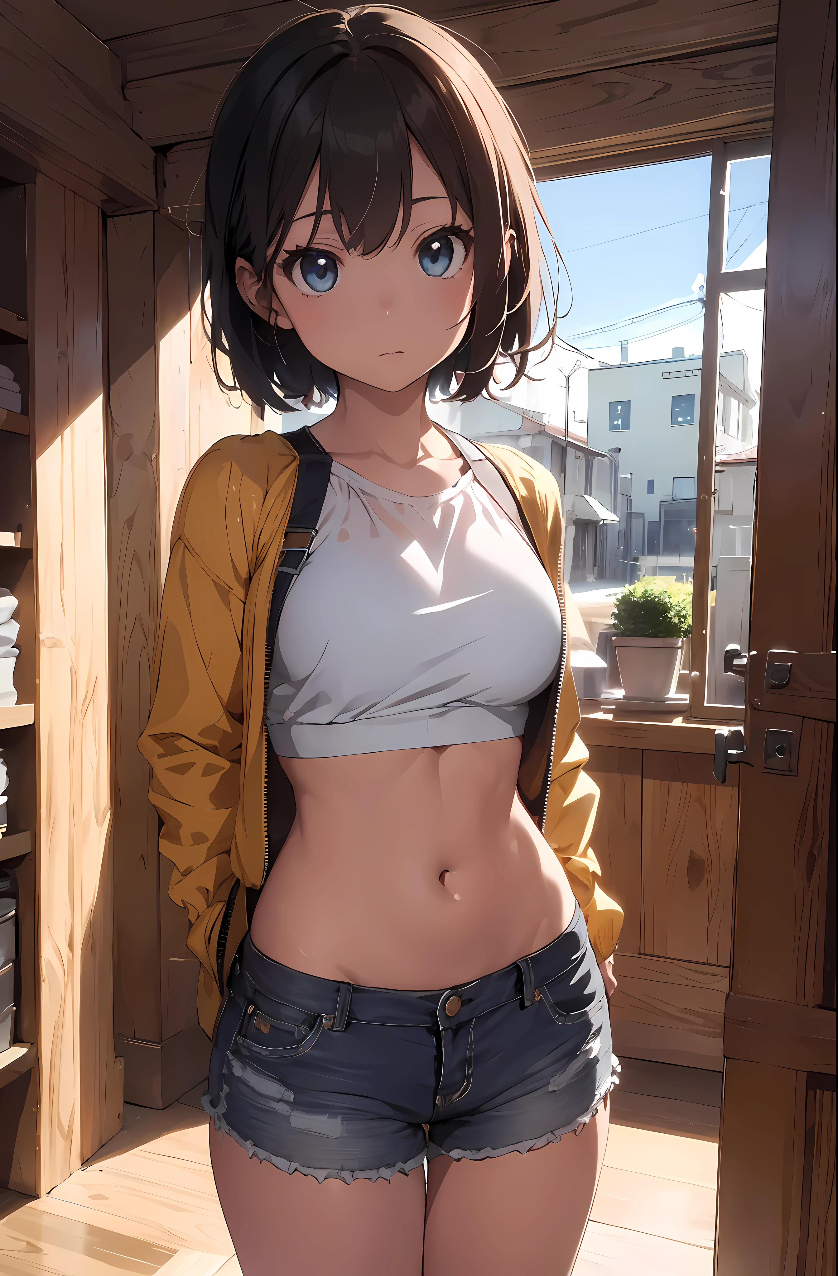 (masterpiece), (best quality),((ultra-detailed)), (highly detailed CG illustration), (expressionless), (masterpiece:1.16), (best quality:1.32), (meticulous_detail), (high resolution:1.1), (best illumination:1.1), (best shadow:1.1), (an extremely delicate and beautiful), simple background, white background, colored background, (appropriate shading:1.1), (Illustration: 1.1),(Finished:1.1), (detailed hands), (appropriate posture), (appropriate configuration), (ultra-precise_construction:1.2) ,cropping, (Bold Highlighted Outline),(detailed face), (beautiful eyes), 1girl, solo, standing, upper body, cowboy shot, perspective, fisheye, jacket, chiseled abs, navel, shorts, medium breasts, wavy short hair, honey colored skin
