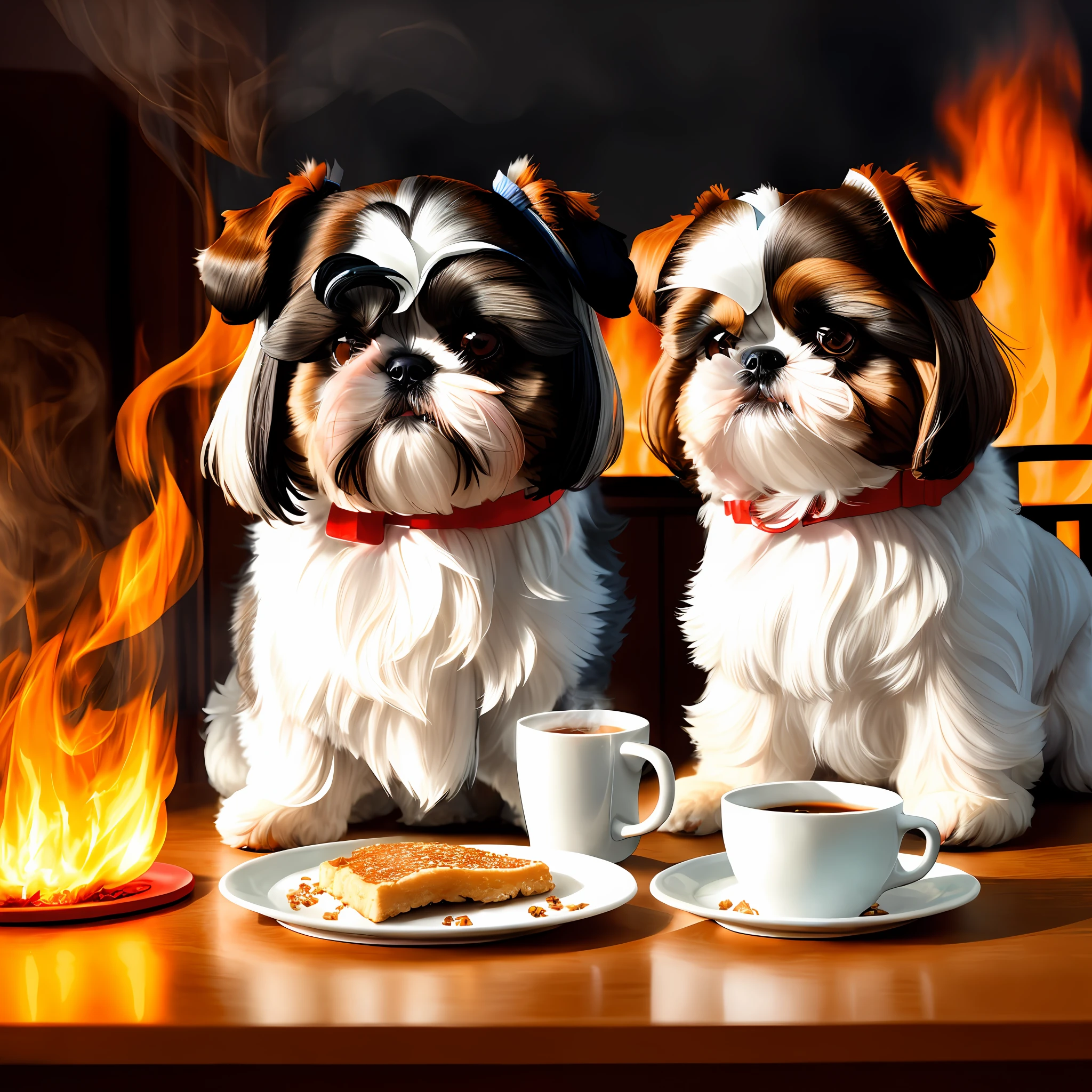 (Shih-tzu dog:1.3) holding a cup of coffee, sitting, in a bathrobe, eating breakfast and holding a cup of coffee, particles, diffuse lighting, room burning, burning floor and chair, many gadgets and equipment, equipment are on fire, smoke, flames around,