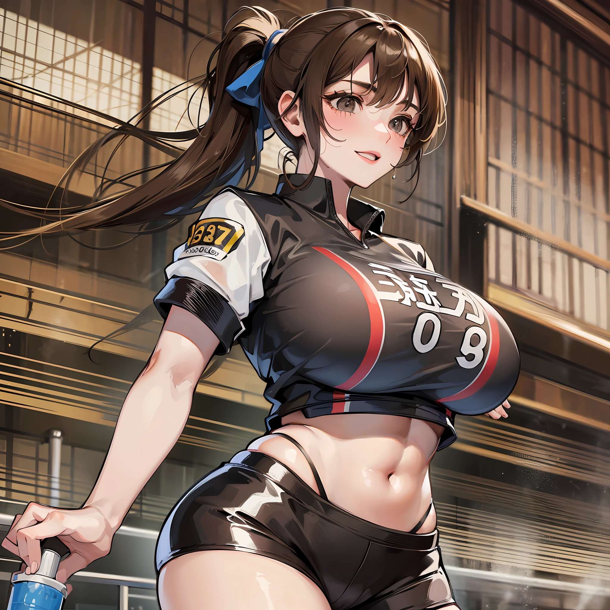 Big Tits Beautiful Girl Sports Volleyball Ponytail Sweat Brown Hair Neat Moe Uniform Navel Black Eyes Smile Energetic Jumping Big Tits Big Tits Big Breasts
