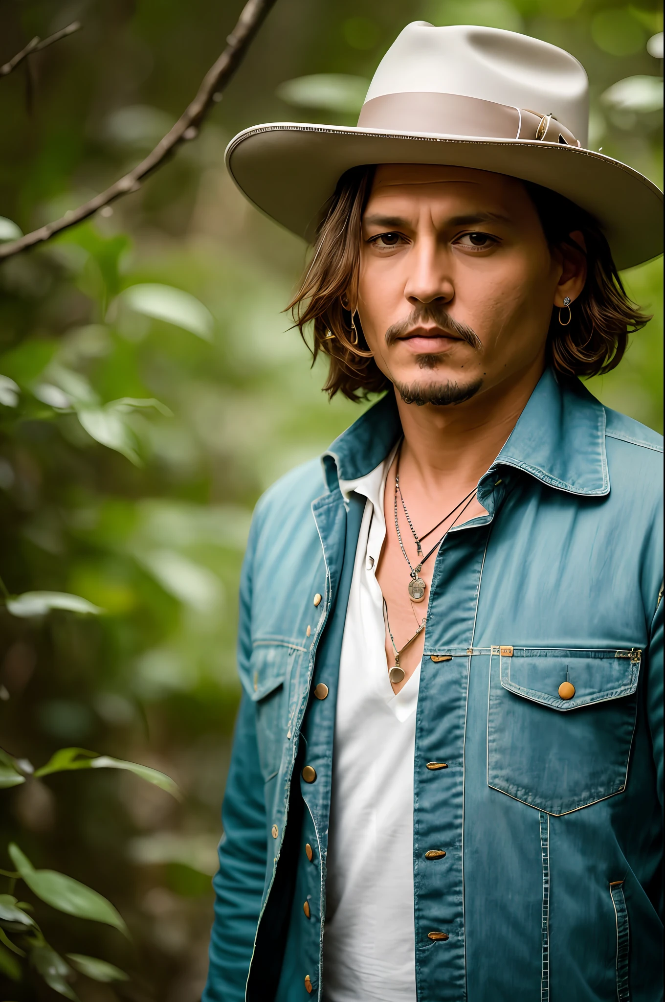 masterpiece, johnny depp walking through jungle at night among fireflies, (high detail:1 1), rough face, natural skin, high quality, nsfw, beautiful eyes, (detailed face and eyes), (face: 1 2), noise, extra, real photo, PSD, lamp film photography, sharp focus, contrast lighting, detailed skin, high resolution 8k, crazy detail, realistic, professional photography, 8k UHD, SLR camera, soft lighting, high quality, film grain, Fujifilm XT3