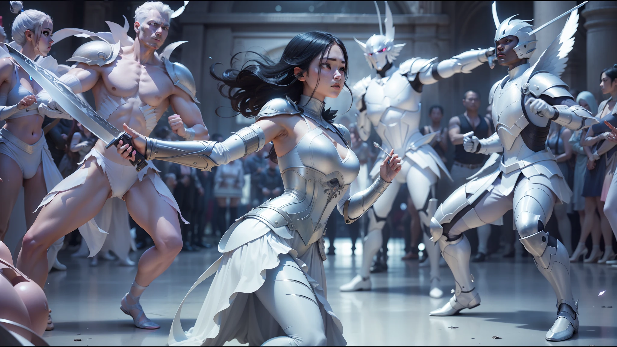 arafed woman in a white dress holding a sword in front of a group of people, still from alita, lee griggs and jason chan, fuchsia skin below the armor, still from the film, dancers, angel in plastic armor, ultra - high detail, fencing, palladium, korean idol, greg rutkowski and mario testino, 2015 cinematography --ar 16:9 --auto --s2