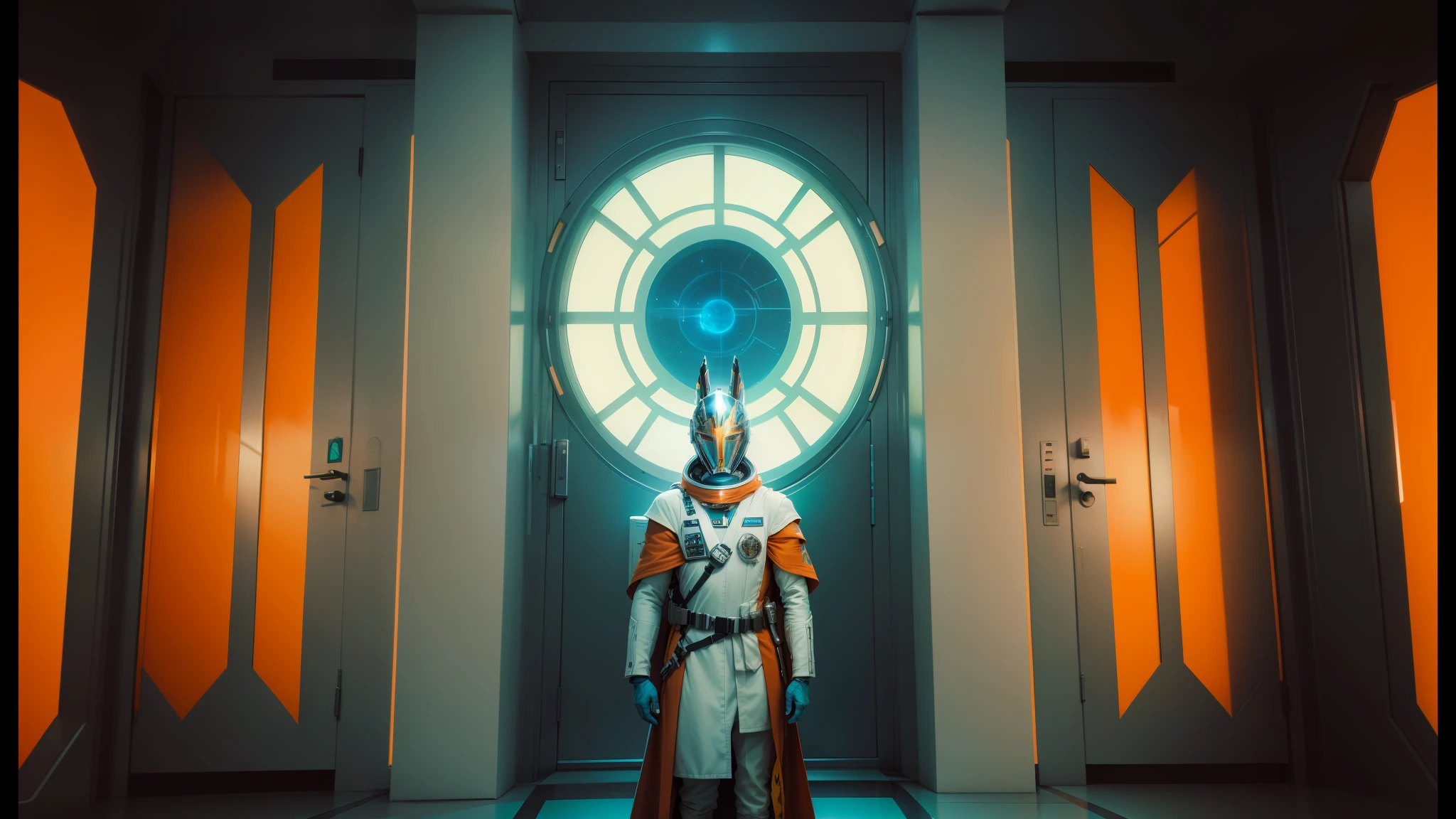 there is a man in a space suit standing in front of a door, portrait of ahsoka tano, sun system, a-pose, retrofuturistic, dressed in an old white coat, inspired by Þórarinn B. Þorláksson, in an elevator, vhs overlay, the white king, throne room --auto --s2