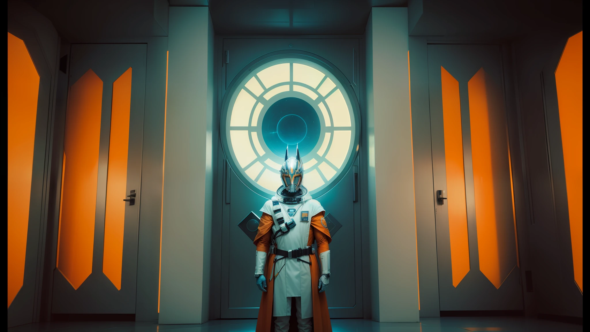 there is a man in a space suit standing in front of a door, portrait of ahsoka tano, sun system, a-pose, retrofuturistic, dressed in an old white coat, inspired by Þórarinn B. Þorláksson, in an elevator, vhs overlay, the white king, throne room --auto --s2