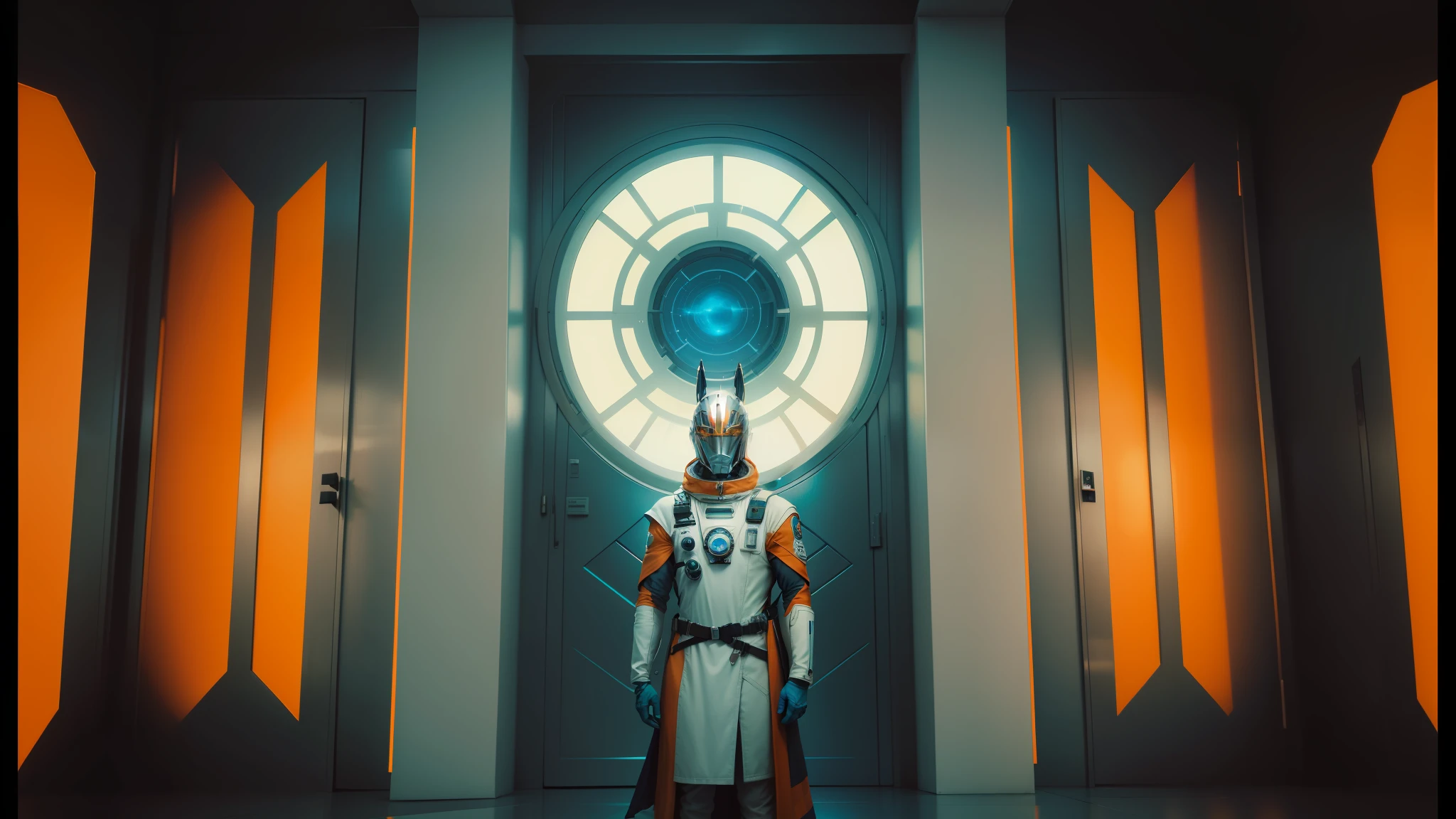 there is a man in a space suit standing in front of a door, portrait of ahsoka tano, sun system, a-pose, retrofuturistic, dressed in an old white coat, inspired by Þórarinn B. Þorláksson, in an elevator, vhs overlay, the white king, throne room --auto --s2
