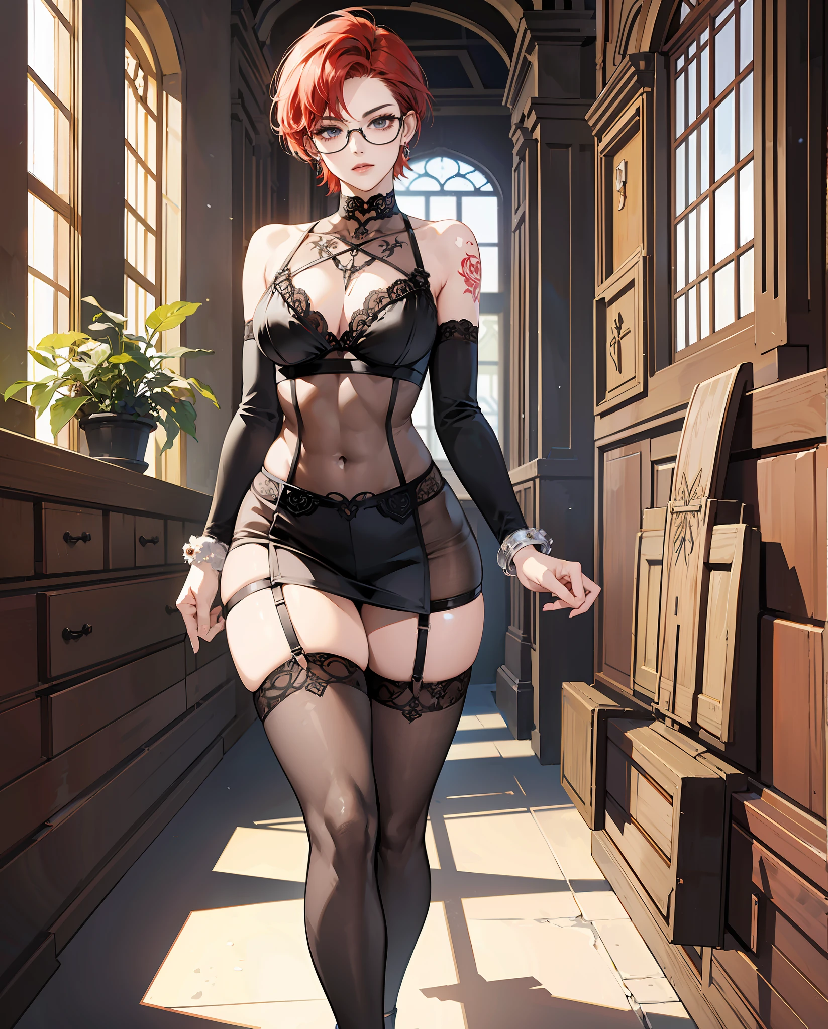 a beautiful italian woman, short shaved red hair, in black lingerie, garters and stockings, firm abs, athletic body, ankle bracelets, glasses, high strapped heels, tattoo on arm, anime style --auto --s2