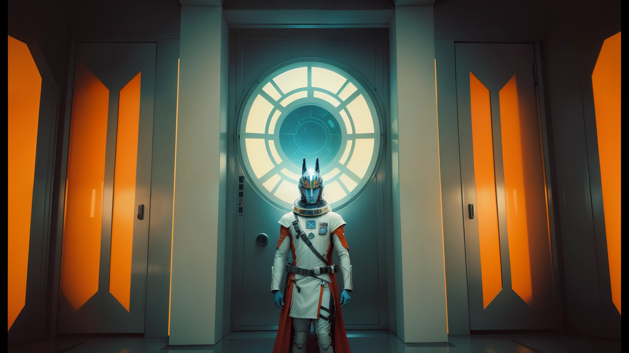 there is a man in a space suit standing in front of a door, portrait of ahsoka tano, sun system, a-pose, retrofuturistic, dressed in an old white coat, inspired by Þórarinn B. Þorláksson, in an elevator, vhs overlay, the white king, throne room --auto --s2