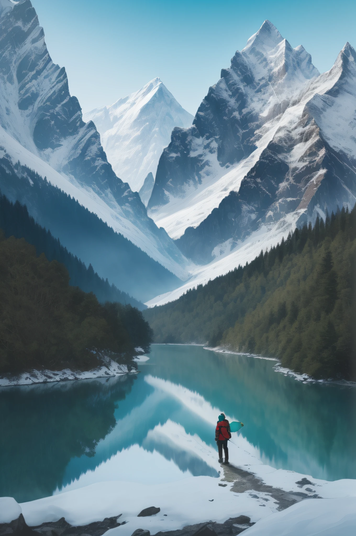 a movie poster for "The Search for Shambhala," an epic adventure film. The poster should feature the protagonist, a (tall, athletic) woman with (tousled, dark) hair and piercing (blue, green) eyes. The background should showcase the breathtaking and awe-inspiring landscapes of the Himalayan region, with (snowy, rugged) peaks, (lush, verdant) valleys, and rushing (turquoise, emerald) rivers. The tagline should read, "Beyond the horizon lies a world of magic and mystery," and the title should be prominently displayed in elegant, bold text. , reflection ,Snow-capped mountains in the distance, castle
