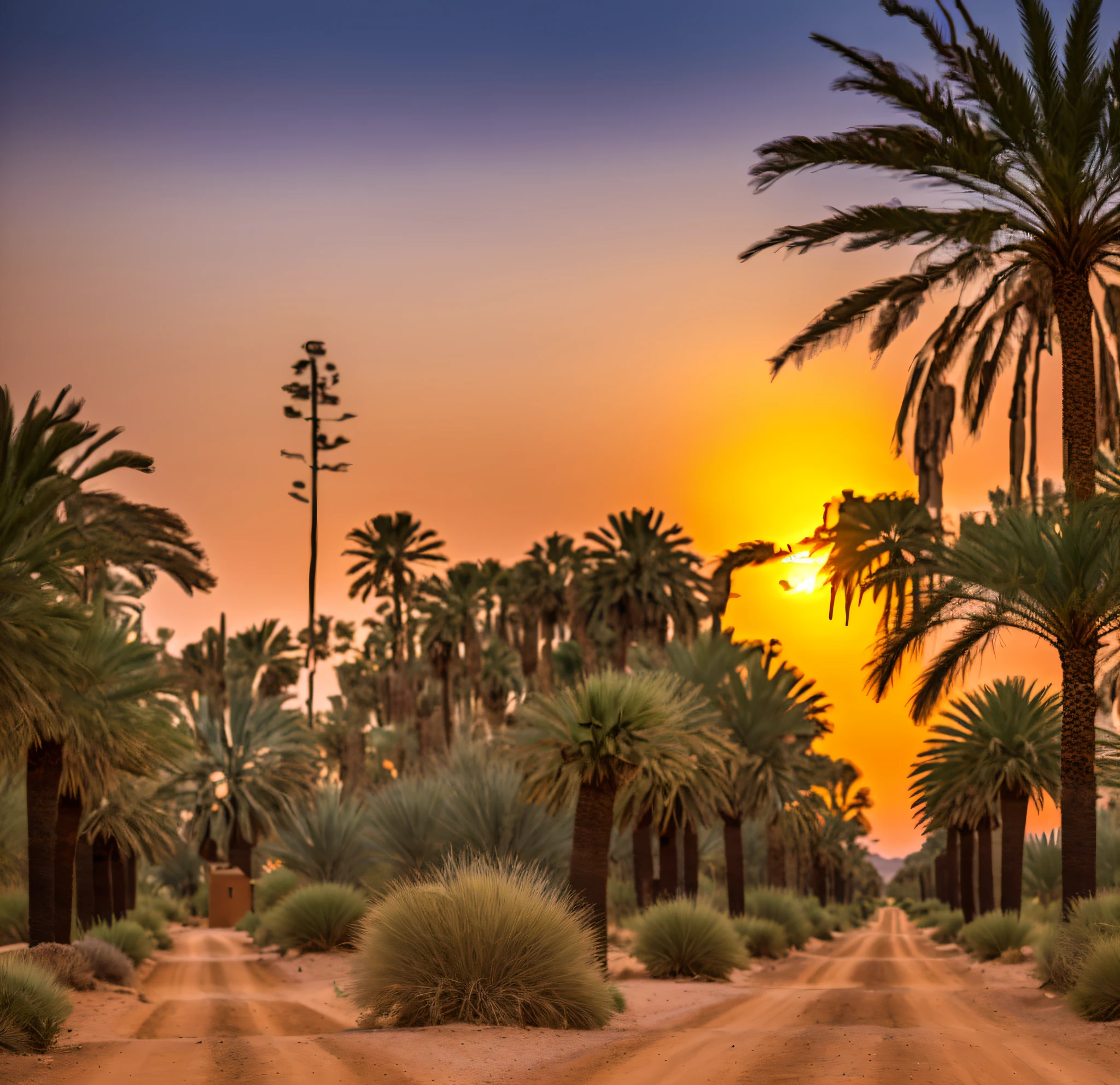dirt road with palm trees and bushes on both sides of it, oasis in the desert, beautiful image, near the beach, marrakech, beautiful surroundings, date palm trees, desert oasis, arid mountains and palm forest, by Daniel Lieske, 🚿🗝📝, standing next to desert oasis, moroccan, date trees, desert!!!!!!!!!!!, serene desert setting