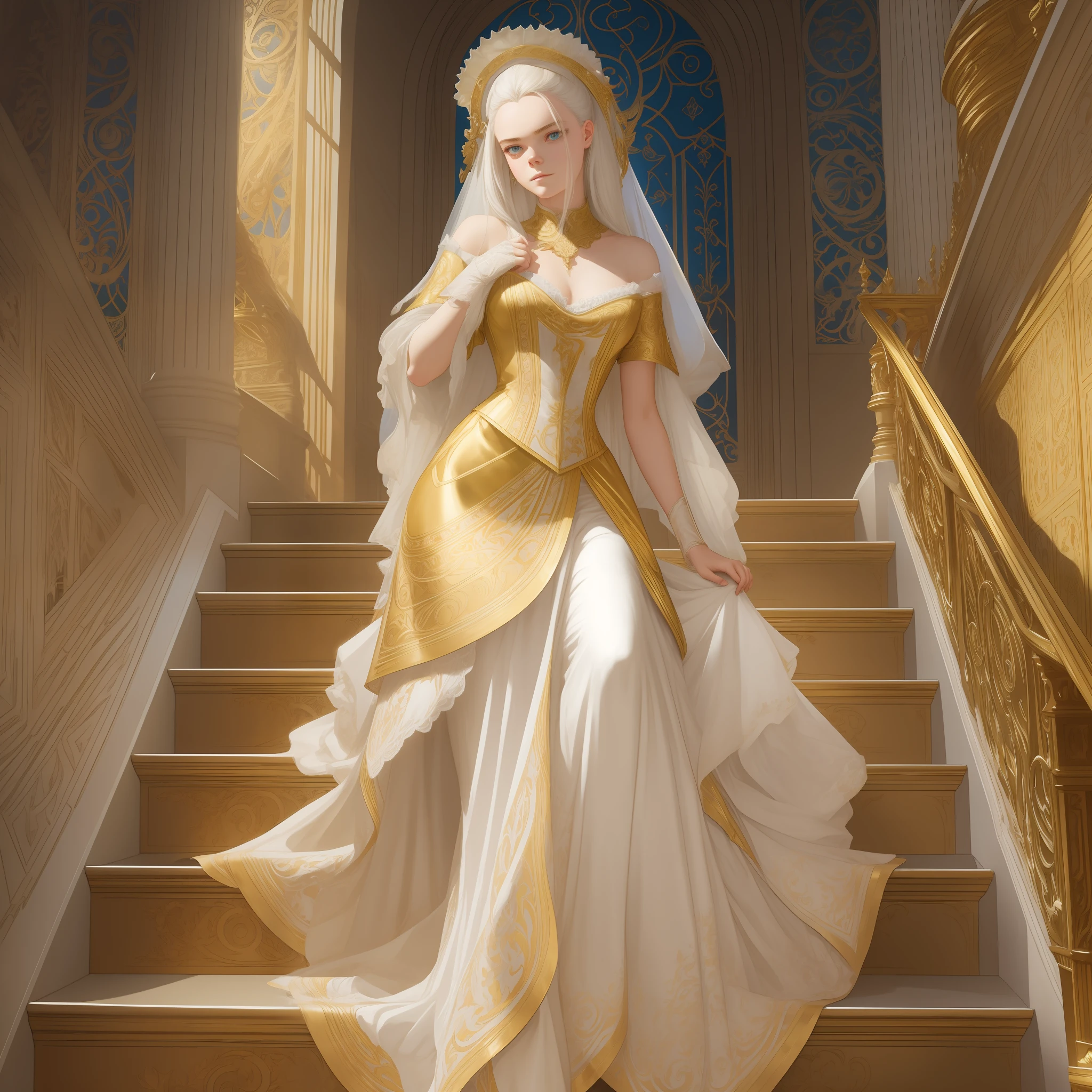 Elle Fanning with white hair in a Marie Antoinette hairstyle, wearing a super detailed medieval Victorian gold dress, gloves and an eye mask. Descending the stairs from inside a palace to the ballroom, illustration is detailed, smooth and bright, HD art by Greg Hildebrandt, Liu Citemer, Sejic Stjepan, Samyang, Aykut Aydogdu, Justin Gerard, Alphonse Mucha, Artgerm, WLOP and Greg Rutkowski