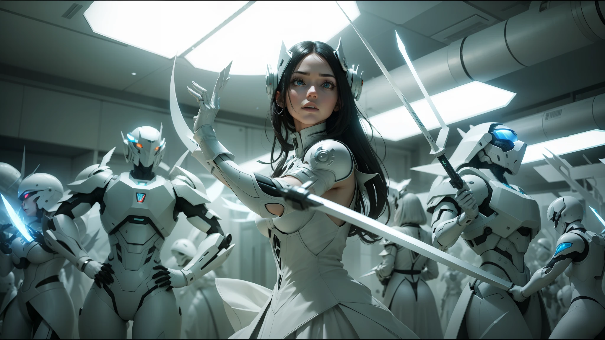 there is a woman in a white dress holding a sword, still from alita, bright white porcelain, cybernatic, contemporary dance, transformer robots (2005), swirling schools of silver fish, anamorphic, matrix ), promotional shot, biophilia, production photo, imagery, woman in a dark factory, visually stunning scene, cgsociety award, symmetry! futuristic robotic --ar 16:9 --auto --s2