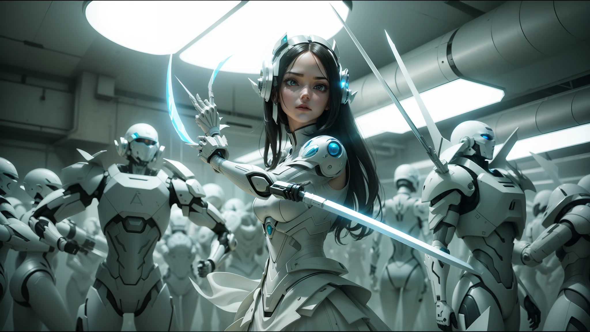 there is a woman in a white dress holding a sword, still from alita, bright white porcelain, cybernatic, contemporary dance, transformer robots (2005), swirling schools of silver fish, anamorphic, matrix ), promotional shot, biophilia, production photo, imagery, woman in a dark factory, visually stunning scene, cgsociety award, symmetry! futuristic robotic --ar 16:9 --auto --s2