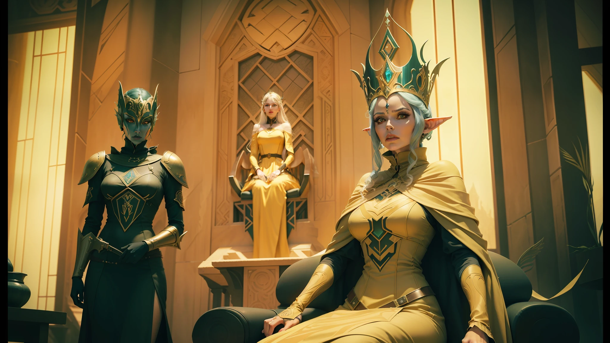 there are two costumed women sitting in a chair, dune by jodorowsky, beautiful elven top model, from the mandalorian (2019), gothic-futuristic architecture, by Oszkar Tordai Schilling, horror film still, tarot style, steam necropolis, wearing a crown Eternal --auto --s2