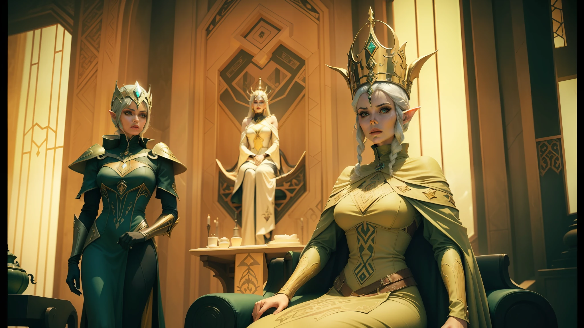 there are two costumed women sitting in a chair, dune by jodorowsky, beautiful elven top model, from the mandalorian (2019), gothic-futuristic architecture, by Oszkar Tordai Schilling, horror film still, tarot style, steam necropolis, wearing a crown Eternal --auto --s2
