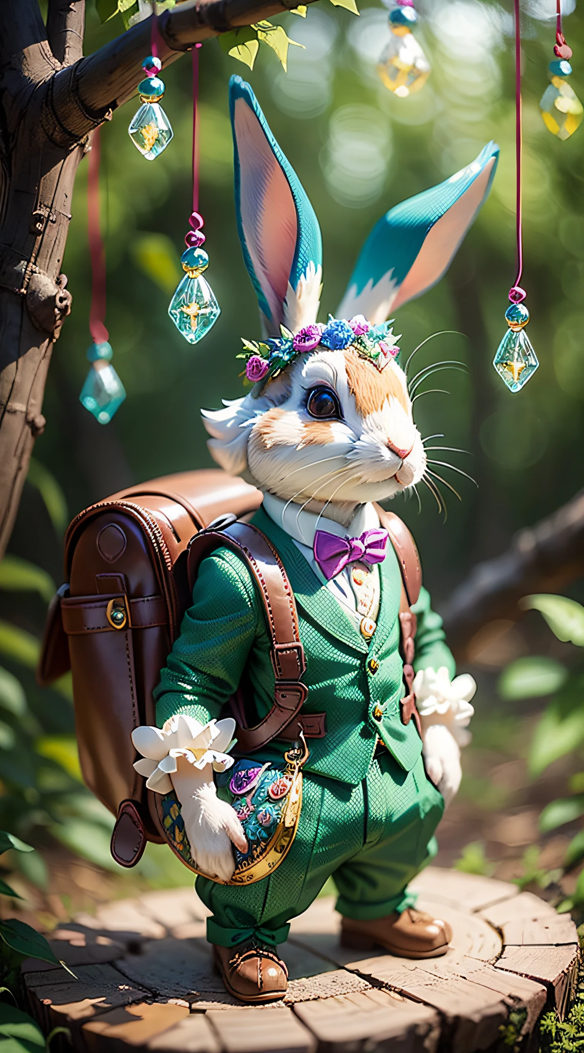 A playful rabbit wearing a dapper bowtie and carrying a tiny leather backpack, exploring a whimsical woodland filled with enchanted mushrooms, sparkling fairy lights, and a magical treehouse in the distance, Sculpture, created using polymer clay and painted with vibrant colors and shimmering metallic accents, --ar 9:16 --v 5 --auto --s2