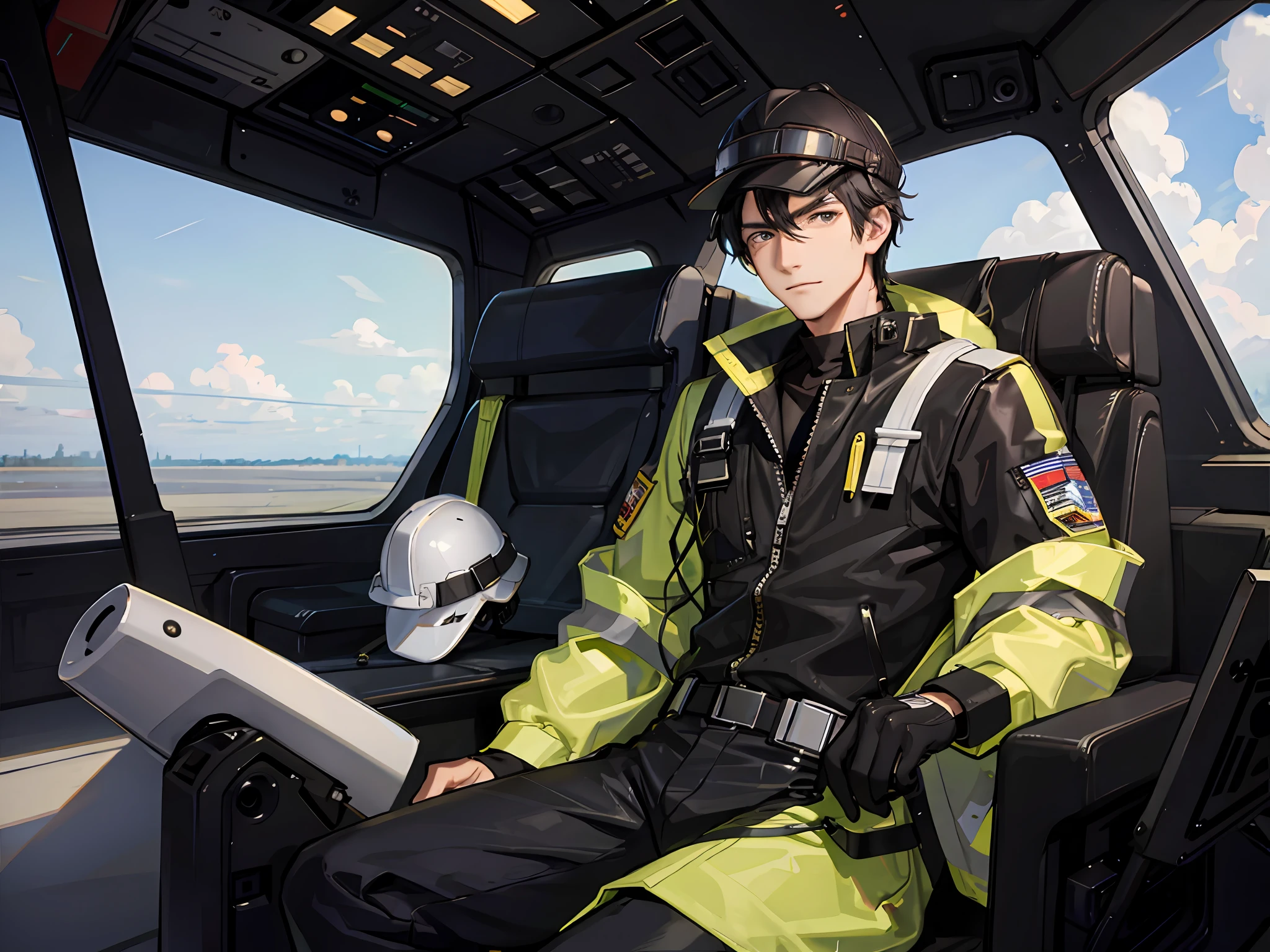 A man sits inside a fighter jet, ready to go. Hard hat, black hair,