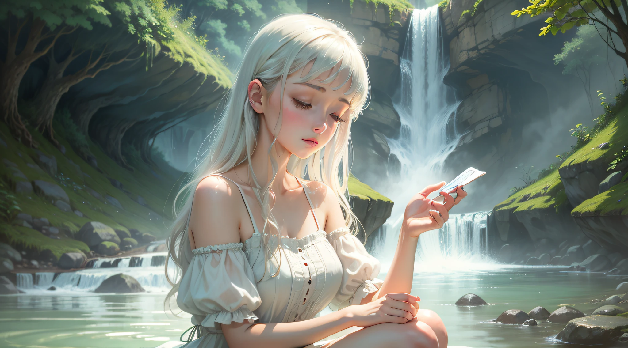 (best quality), a lo-fi girl at the waterfall, calm and relaxed, wet hair, white summer dress, eyes closed, cool breeze, soft music in the background, vintage and nostalgic style. (translation: a