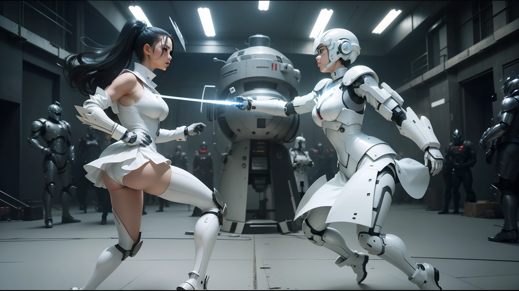 arafed woman in a white dress and a robot in a room, choreographed fight scene, jacky tsai style, metal garments, styleframe, film still of kim kardashian, elden ring style, in leather armor, by Shinoda Toko, mechanized soldier girl, fencing, still image from the movie, wonderland, gloss --ar 16:9 --auto --s2