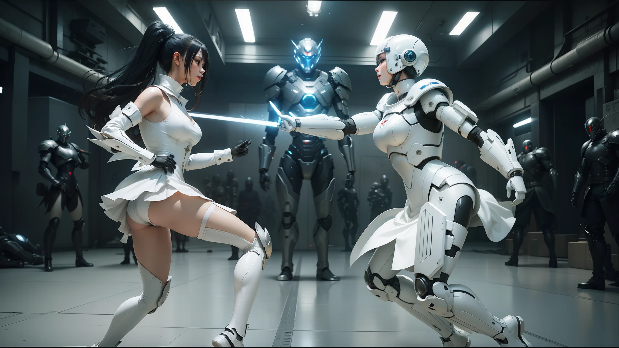 arafed woman in a white dress and a robot in a room, choreographed fight scene, jacky tsai style, metal garments, styleframe, film still of kim kardashian, elden ring style, in leather armor, by Shinoda Toko, mechanized soldier girl, fencing, still image from the movie, wonderland, gloss --ar 16:9 --auto --s2