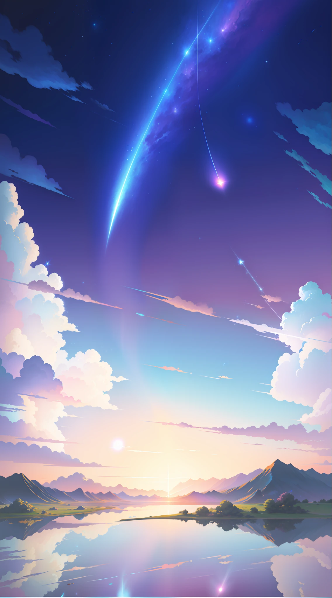 Shooting a painting of shooting stars over the lake, there are two shooting stars, pink and blue shooting stars. The blue sky, the pink-purple lake surface, has a layered color transition. You name it movie style, anime backgrounds, anime movie backgrounds, perfect reflection effects, anime sky, amazing wallpapers, vibrant colors, vibrant colors, bright colors. You name it, colorful anime movie backgrounds, anime clouds, no houses, no buildings, no humans. There are no ships. Beautiful anime scenes, anime background art, cosmic sky. Author: Makoto Shinkai, ufotable art style, anime beautiful peaceful scenes, atmospheric anime