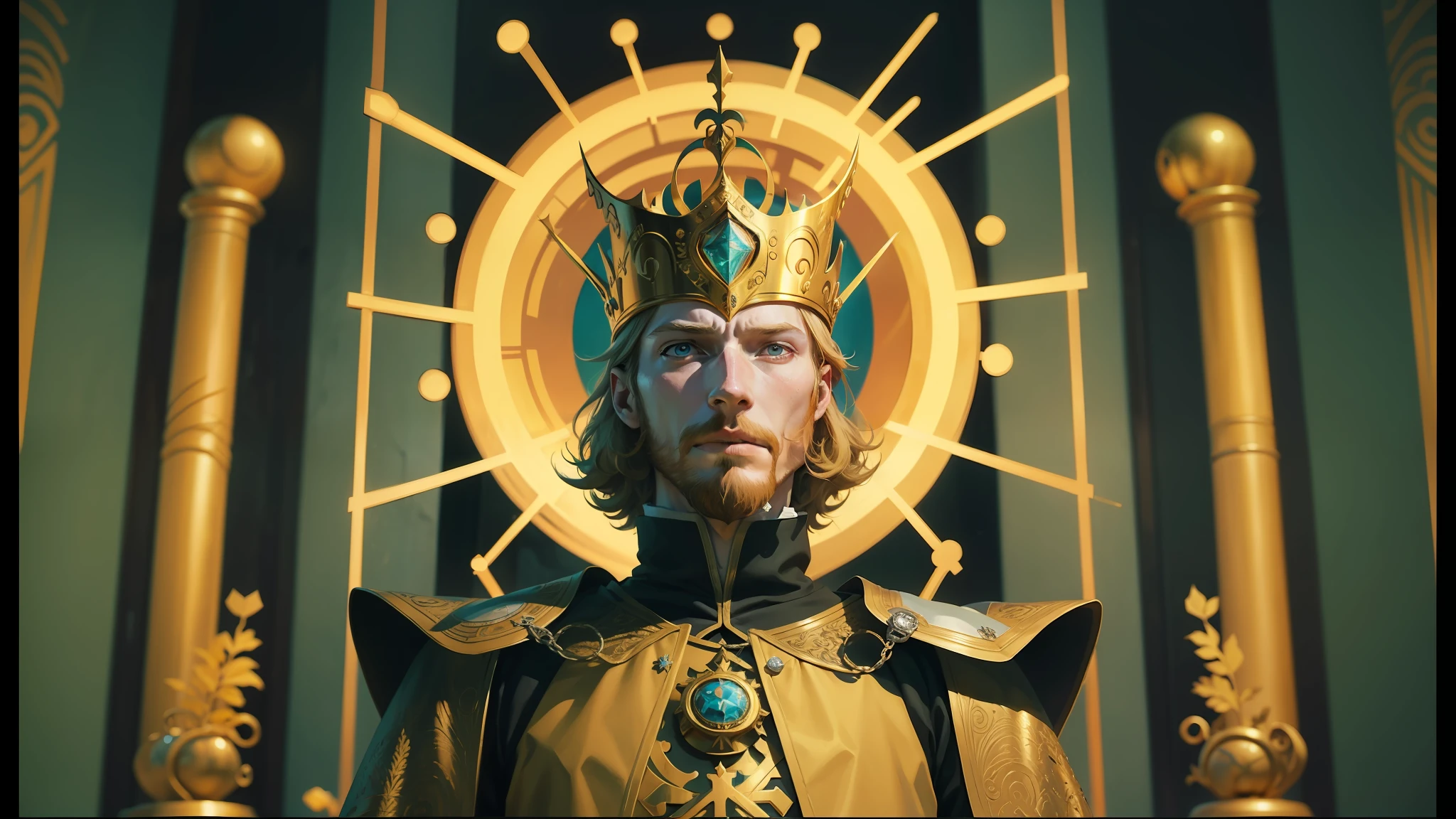 arafed man in a golden crown and golden halo, by Jodorowsky, still from animado horror movie, inspirado em Kilian Eng, looks like domhnall gleeson, logan's run, ( ( ( art deco ) ) ), fantasy ttrpgvil, oculus quest 2, rasputin, 1 vinheta de filme de 6 mm, king richard the lionheart --auto --s2