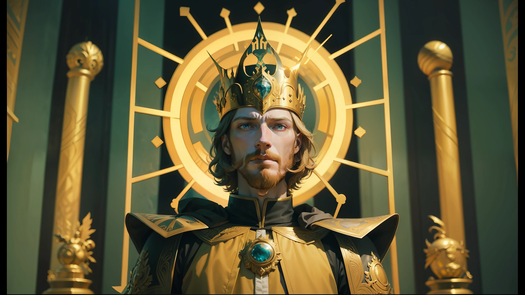 arafed man in a golden crown and golden halo, by Jodorowsky, still from animado horror movie, inspirado em Kilian Eng, looks like domhnall gleeson, logan's run, ( ( ( art deco ) ) ), fantasy ttrpgvil, oculus quest 2, rasputin, 1 vinheta de filme de 6 mm, king richard the lionheart --auto --s2