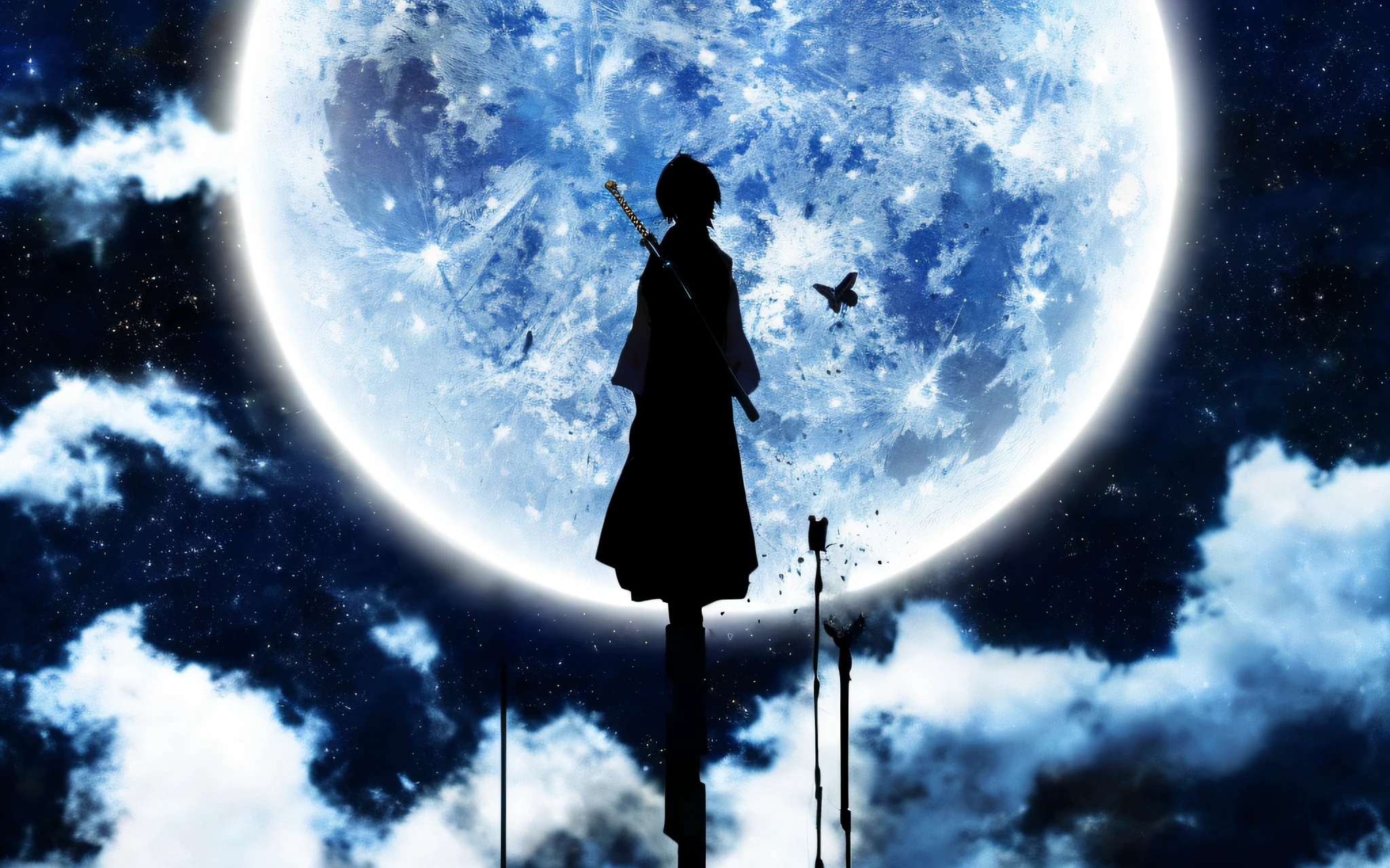 there is a man standing on a pole with a sword in front of a full moon, anime wallaper, anime wallpaper, anime movie background, 4 k manga wallpaper, god of moon, hd anime wallpaper, anime hd wallpaper, hijikata toushirou of gintama, 4k anime wallpaper, wallpaper - 1 0 2 4, from kenshin, anime background
