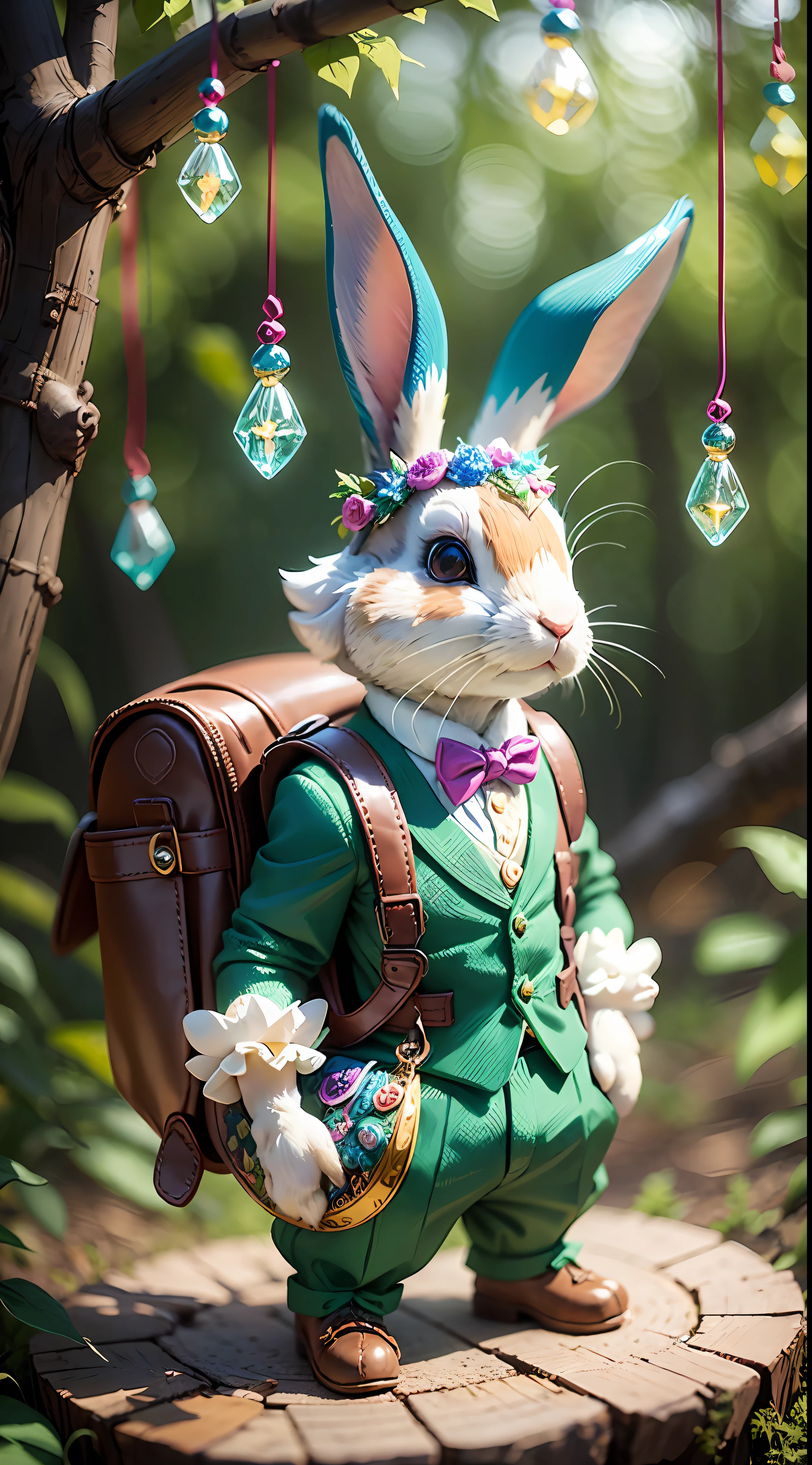 A playful rabbit wearing a dapper bowtie and carrying a tiny leather backpack, exploring a whimsical woodland filled with enchanted mushrooms, sparkling fairy lights, and a magical treehouse in the distance, Sculpture, created using polymer clay and painted with vibrant colors and shimmering metallic accents, --ar 9:16 --v 5 --auto --s2
