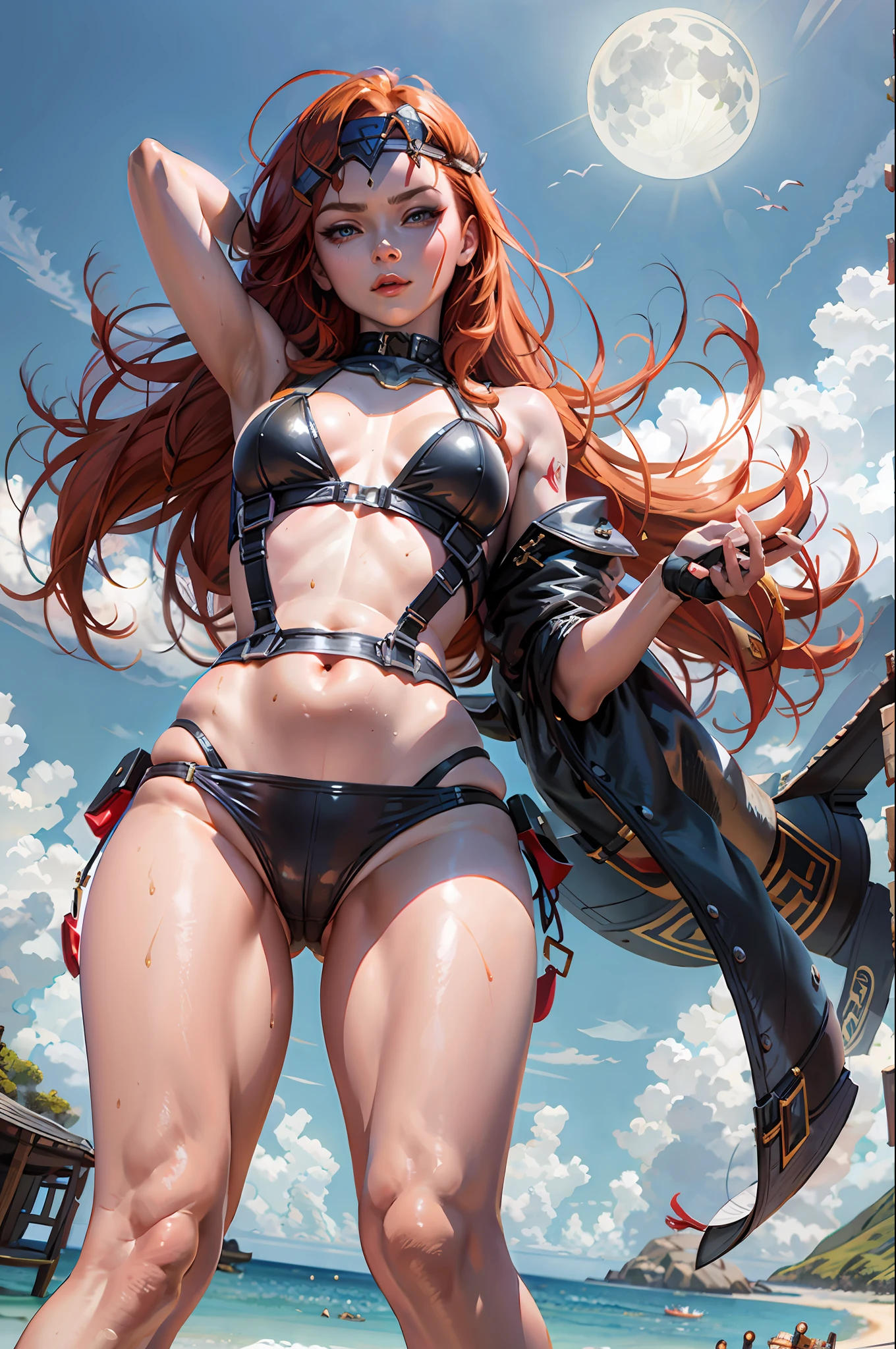 Miss Fortune from League of Legends, red hair, red pubes, green eyes, hands behind head, low camera angle, ultra detailed face, wearing a skimpy black bikini, wet skin, oily skin, cute face, serious face, coming out from the sea, moonful night, moon background, UHD, side lighting, ultra-realistic, ray tracing, full body must be visible