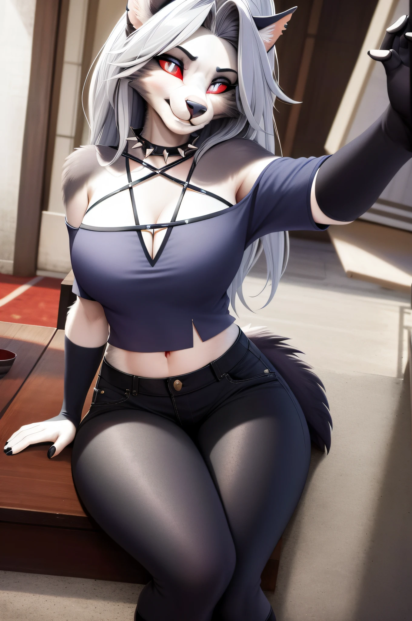 masterpiece, best quality, facial portrait of a female anthro loona hellhound, loonacroptop, detailed face, detailed eyes, cropped pupils, white eyes, red sclera, happy, tight and detailed black leggings, [smile, [spiked necklace], pentagram], sitting, looking at the viewer, outside, nature in the background, flirtatious expression, somewhat large thighs, selfie, taking a selfie, winking at us,  right hand posing on his thigh