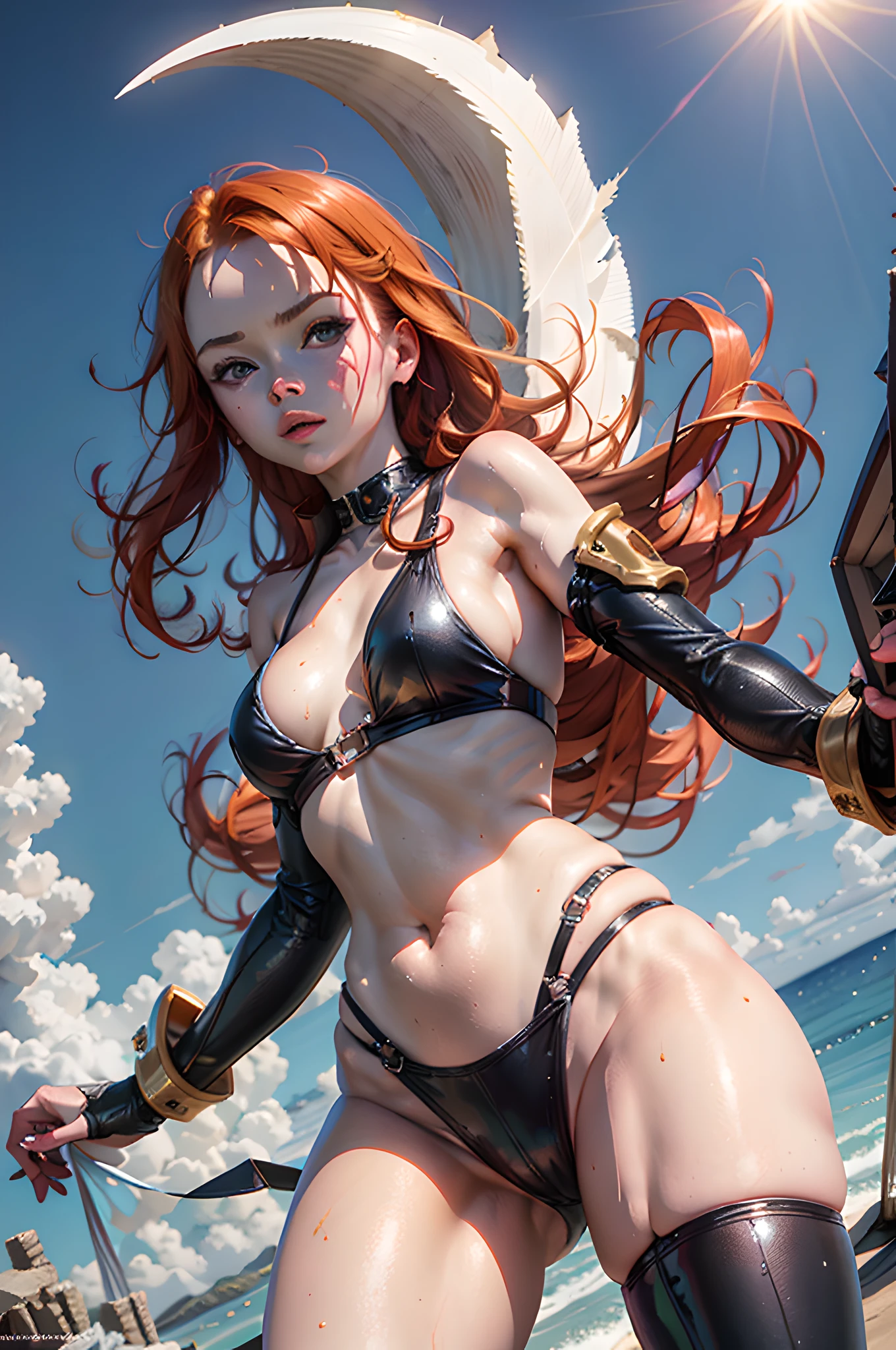 Miss Fortune from League of Legends, red hair, red pubes, green eyes, hands behind head, low camera angle, ultra detailed face, wearing a skimpy black bikini, wet skin, oily skin, cute face, serious face, coming out from the sea, moonful night, moon background, UHD, side lighting, ultra-realistic, ray tracing, full body must be visible