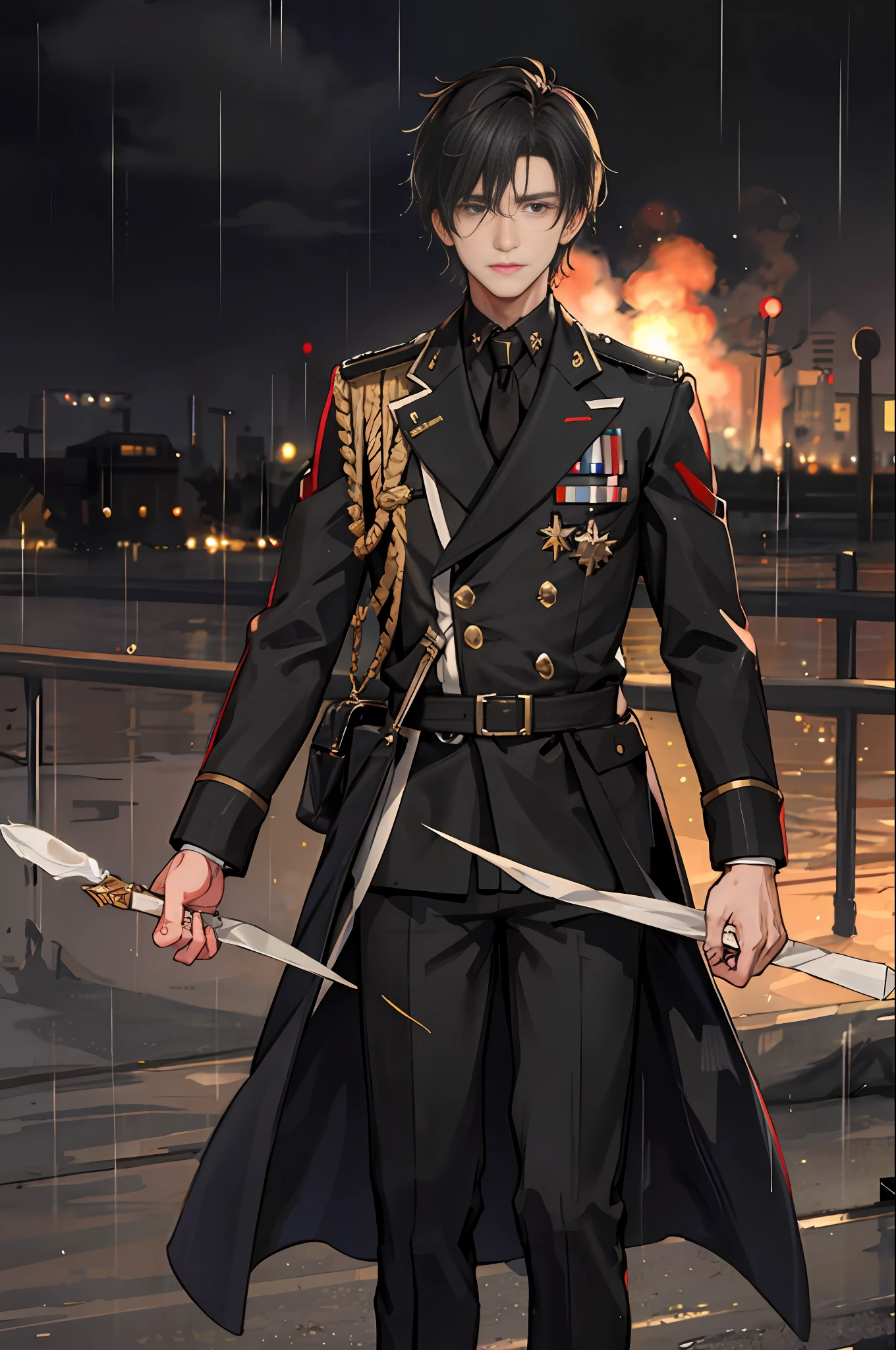 1boy, rain, outdoors, battlefield, military uniform, black hair, male, 25 years old, blood stained